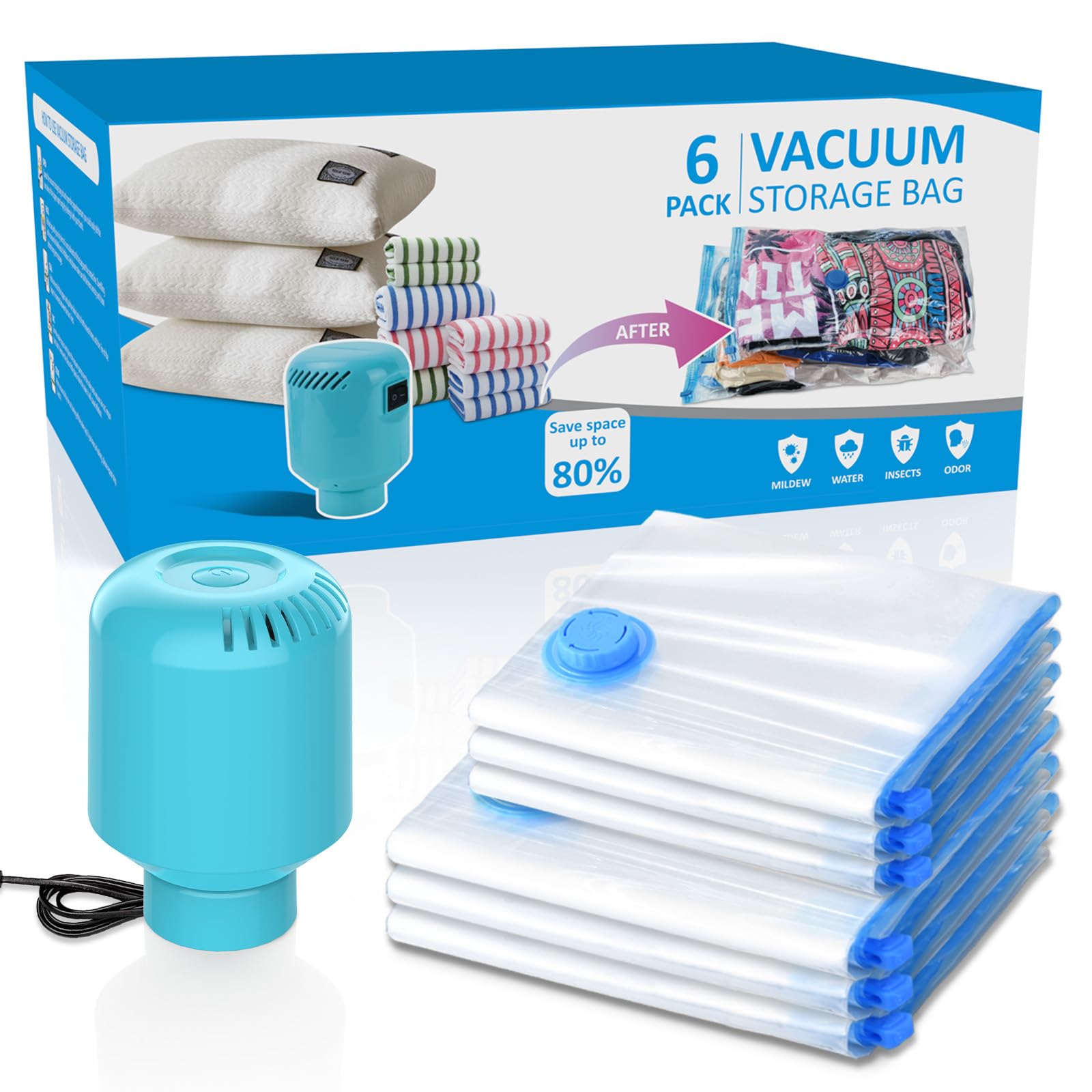 Szo 6 Pack Vacuum Storage Bags With Electric Air Pump,(3 Jumbo/3 Large) Vacuum Seal Bags For Clothing Travel, Space Saver Bags F