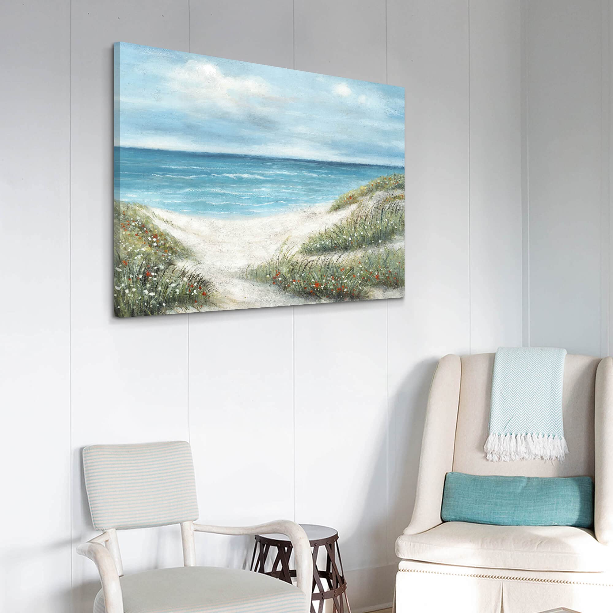 Wallsup Decor Canvas Wall Art Beach Scenes - Coastal Picture Print Artwork With Hand Painted Textured On Seaside Grass And Ocean
