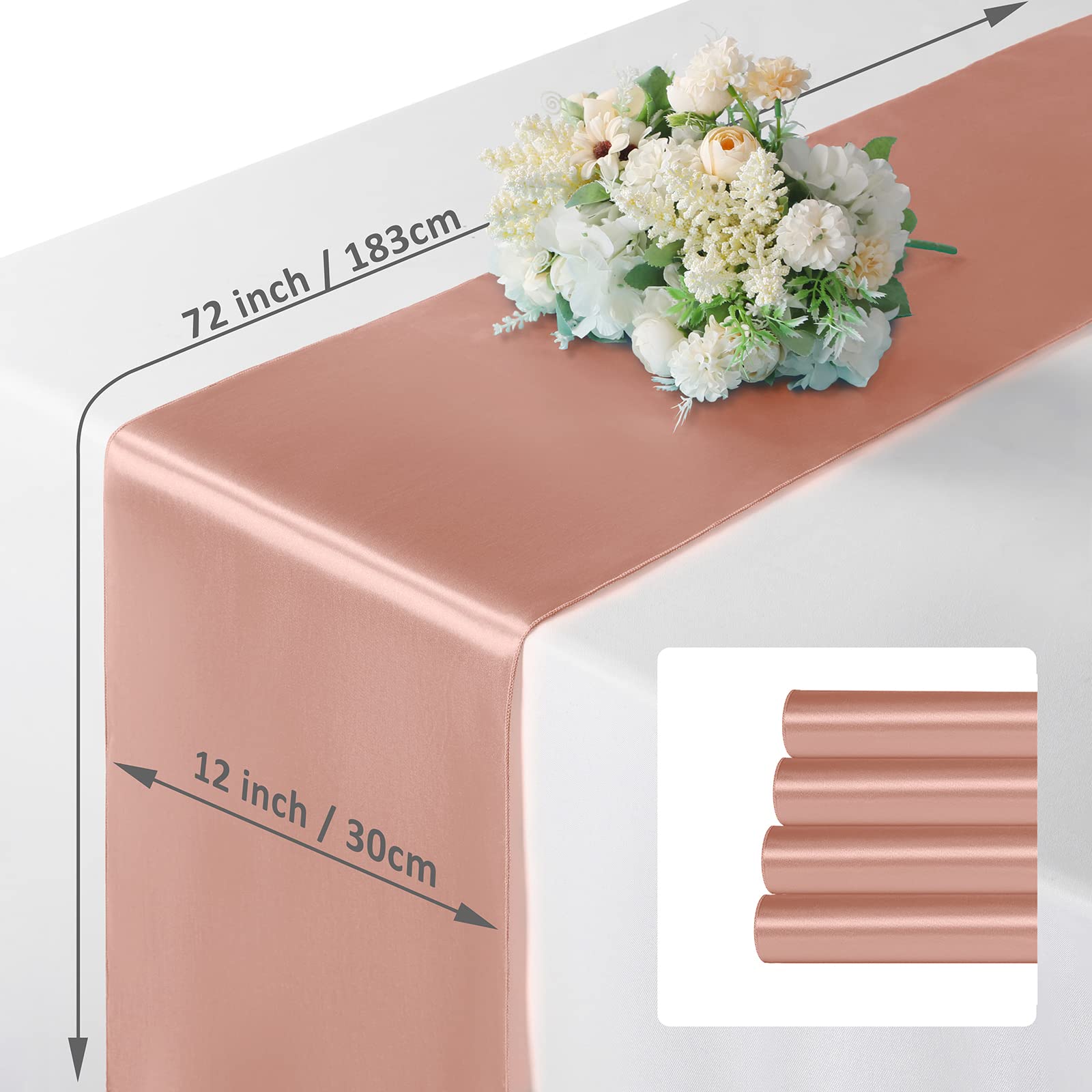 Manyshofu 4Pcs Satin Rose Gold Table Runner - 12 x 72 Inch Long Size  Party Table Runner Decor Bright & Smooth Wedding Decorations Table Runner for Banquet Chef Birthday Buffet Dinner Graduations