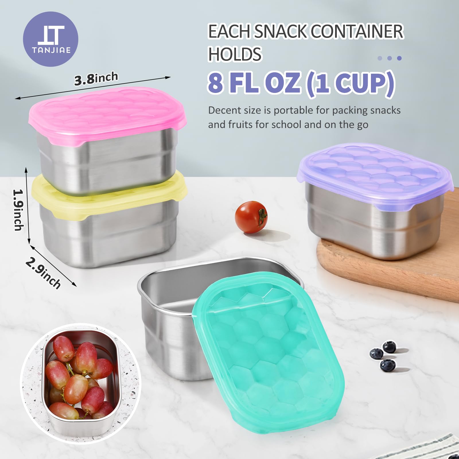 Tanjiae 4-Pack Stainless Steel Snack Containers For Kids And Toddlers | Easy Open Leak Proof Small Food Containers With Silicone