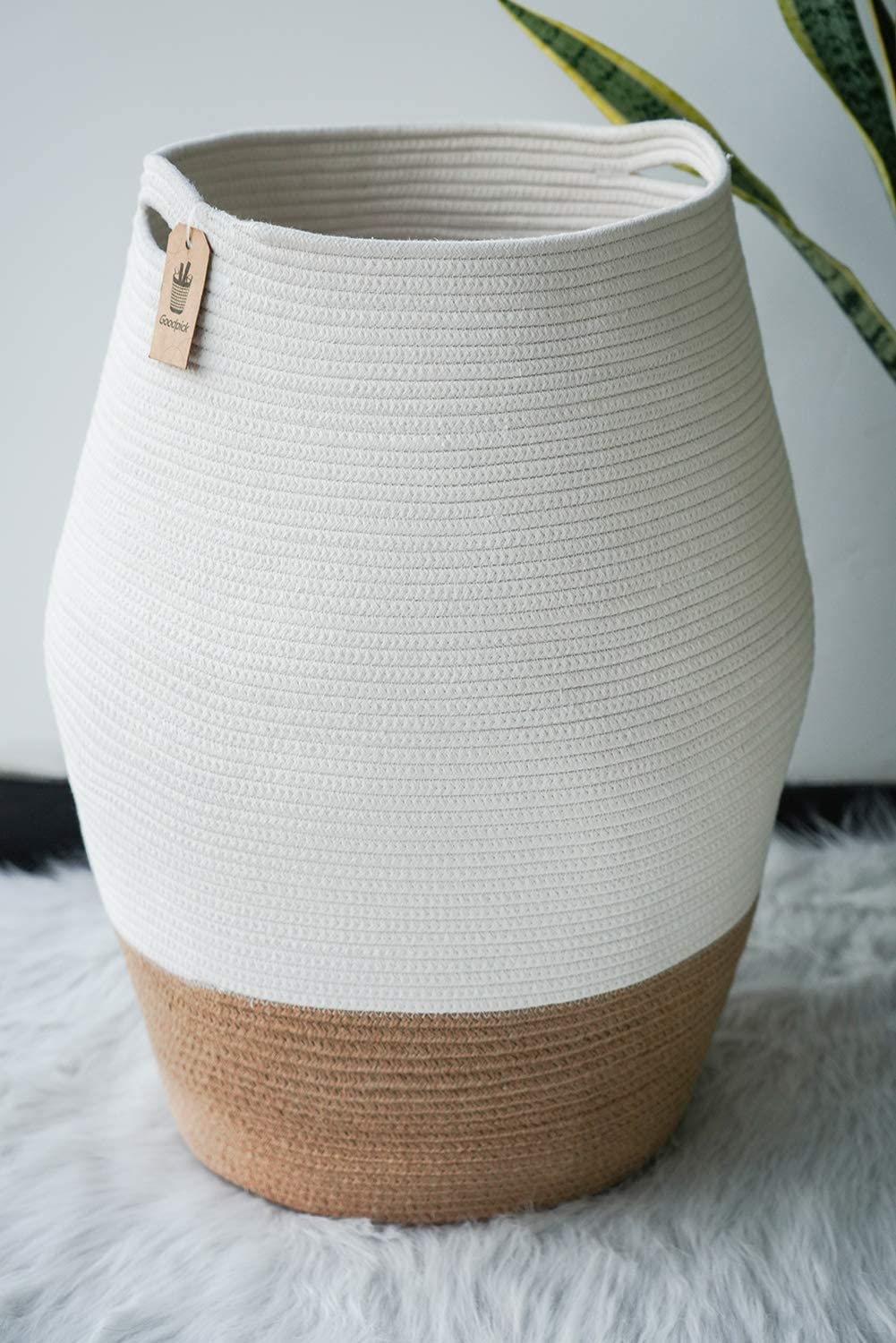Goodpick Large Laundry Hamper | Tall Wicker Hamper Laundry Basket, Soft Cotton Rope Woven Hamper, Farmhouse Design Graceful Curv