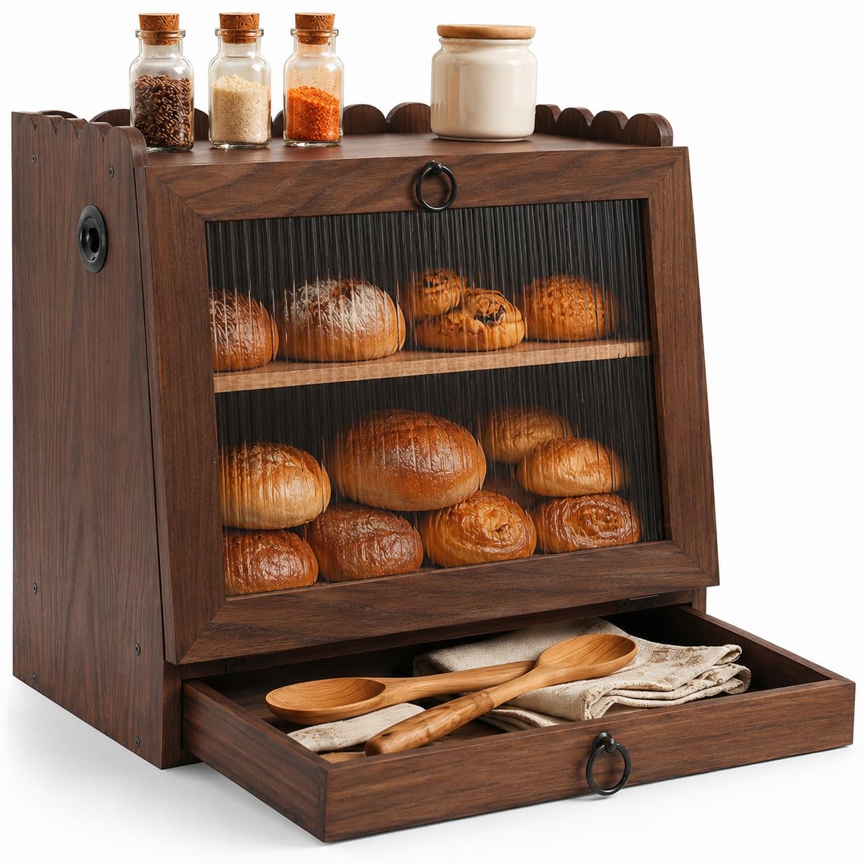 Bread Box for Kitchen Scalloped Countertop Wooden Double Layer Bread