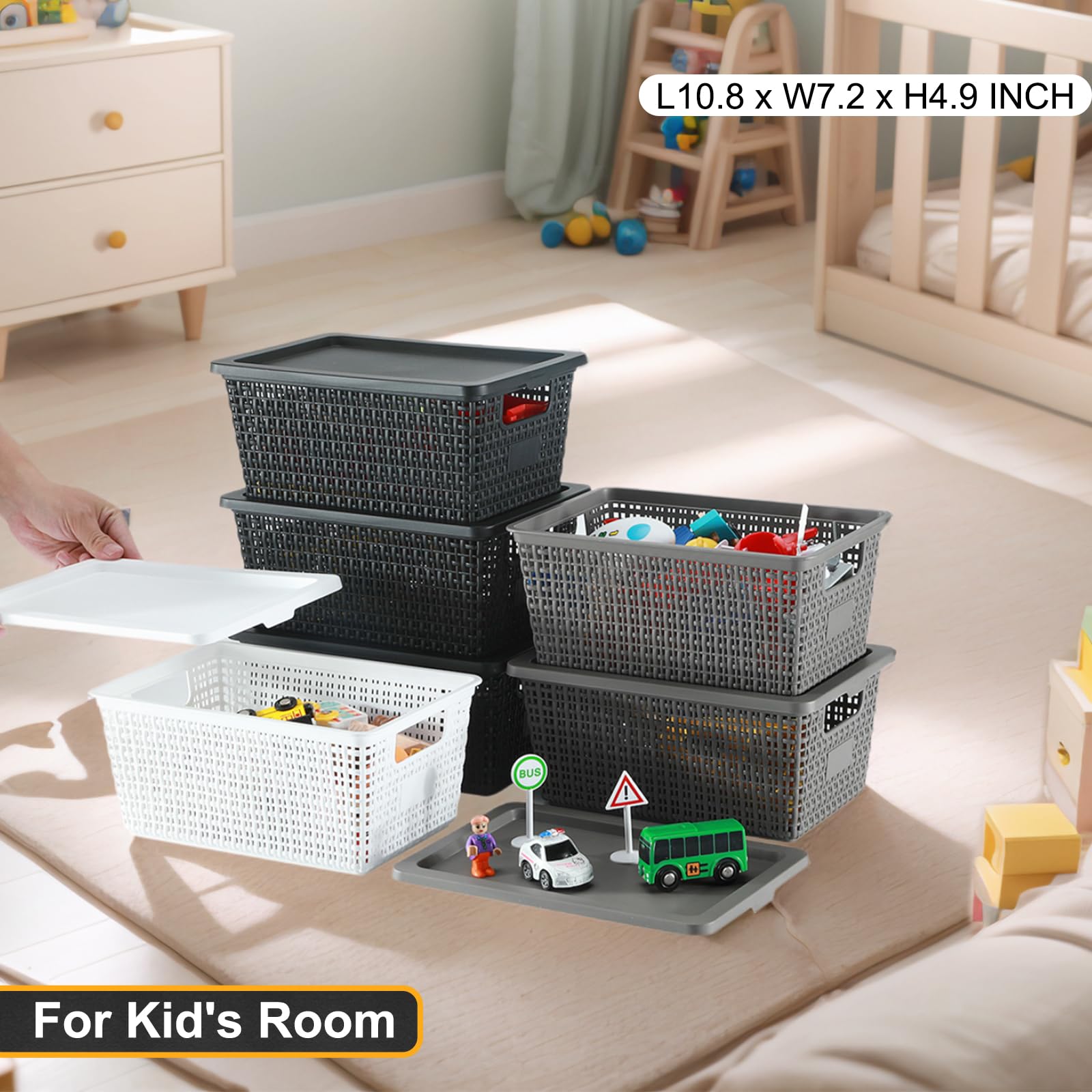 Plastic Storage Baskets with Lids - Stackable Storage Bins with Lids for Pantry, Closet, Bedroom & Shelves | Durable Organizatio