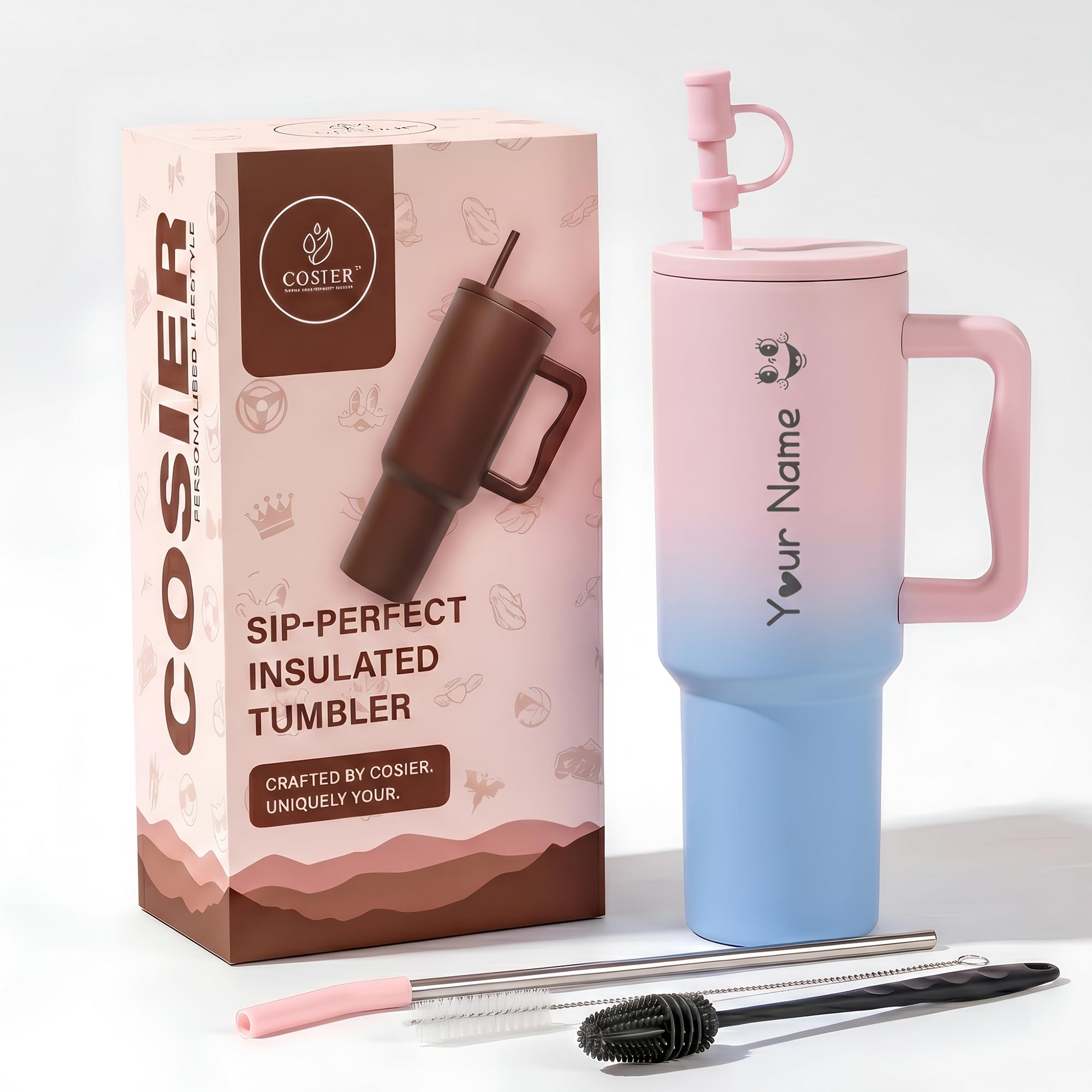 COSIER Personalised 1200ml Insulated Stainless Steel Tumbler with Handle and Straw Lid  Large Travel Mug for Coffee & Water, Do