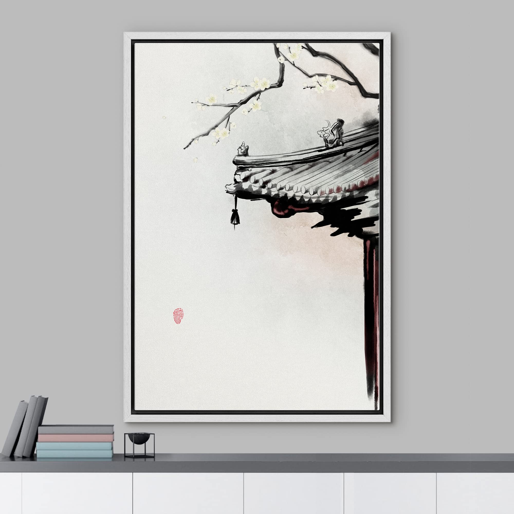 NWT Framed Canvas Print Wall Art Japanese Style Pagoda Roof with White Blossoms Floral Plants Illustrations Modern Art Rustic Scenic Colorful Pastel for Living Room  Bedroom  Office - 16''x24'' White