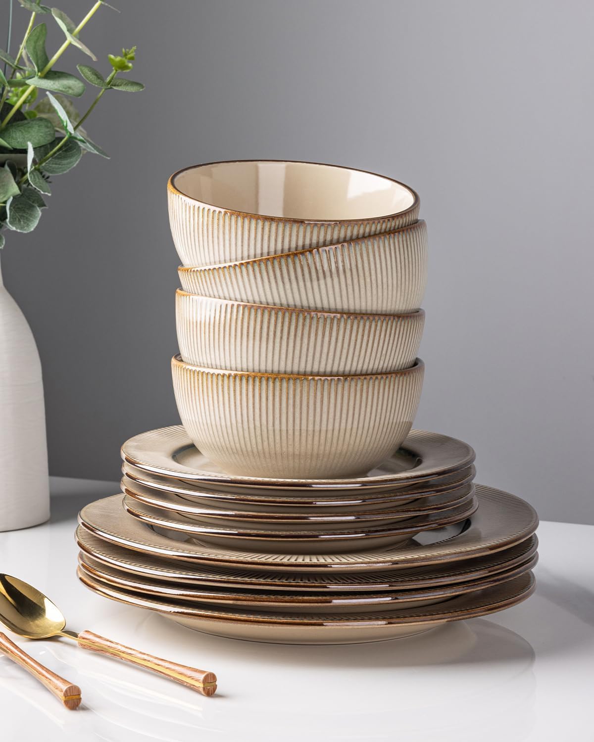 GBHOME Ceramic Dinnerware Sets, 24 Piece Embossed Elegant Stoneware Plates and Bowls Sets, Housewarming Wedding Gift | Dishwashe