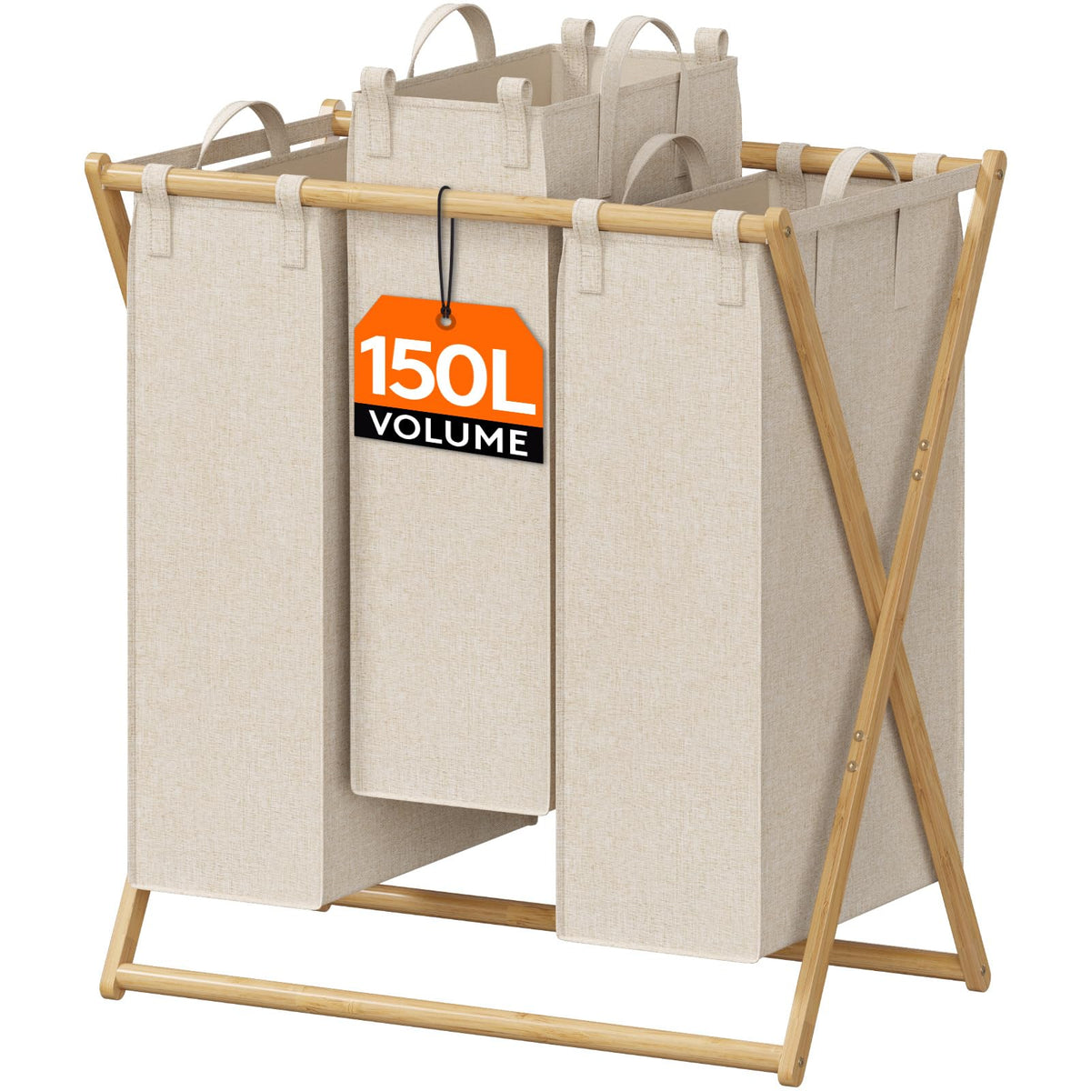 Lifewit 150L Large Laundry Hamper 3 Section, Collapsible Bamboo X-Frame Laundry Basket Sorter, Clothes Hamper With 3 Removable B