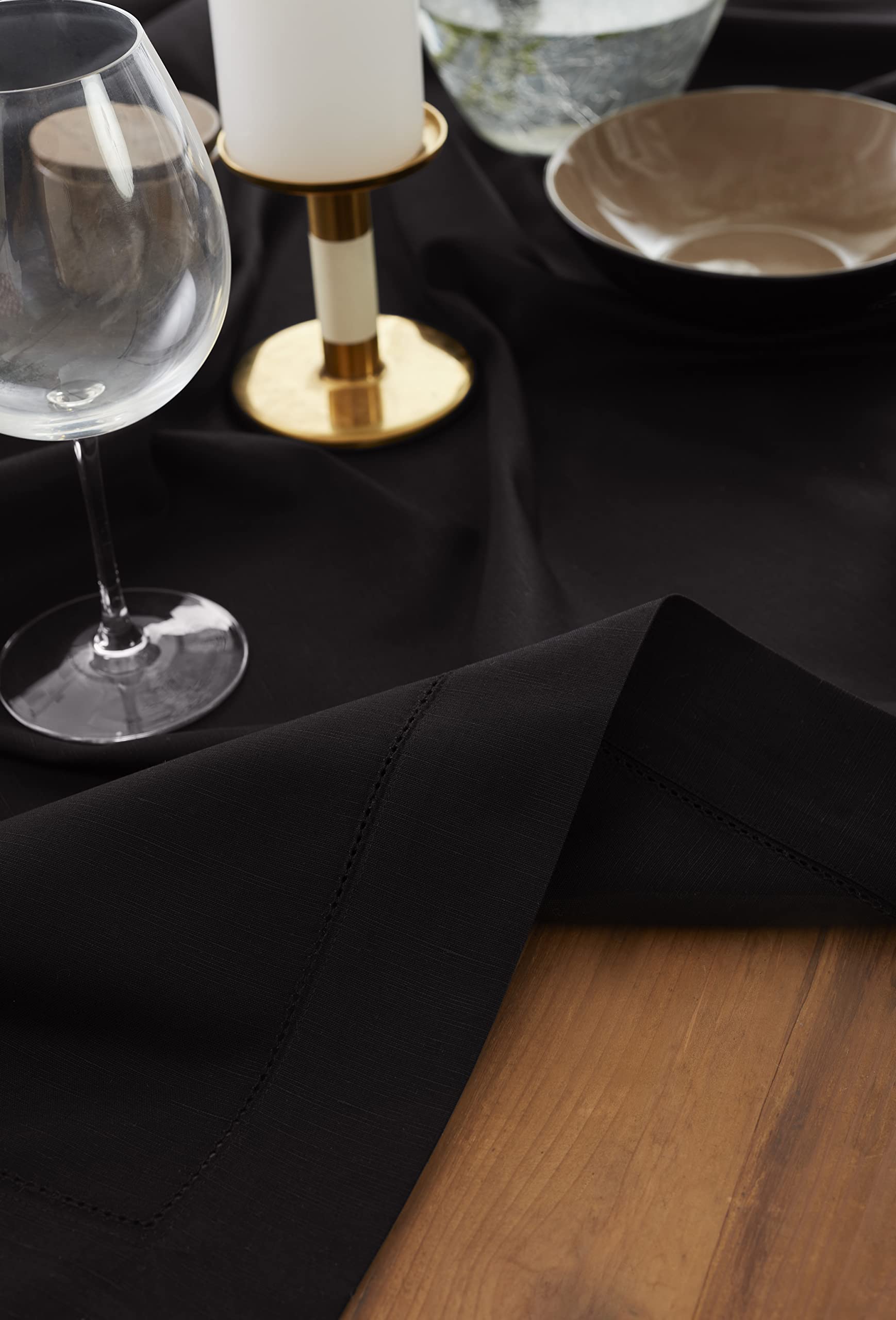 Solino Home Black Tablecloth - Cotton Linen Hemstitch Tablecloth 52 X 52 Inch - Machine Washable Square Table Throw For Fall, Ha