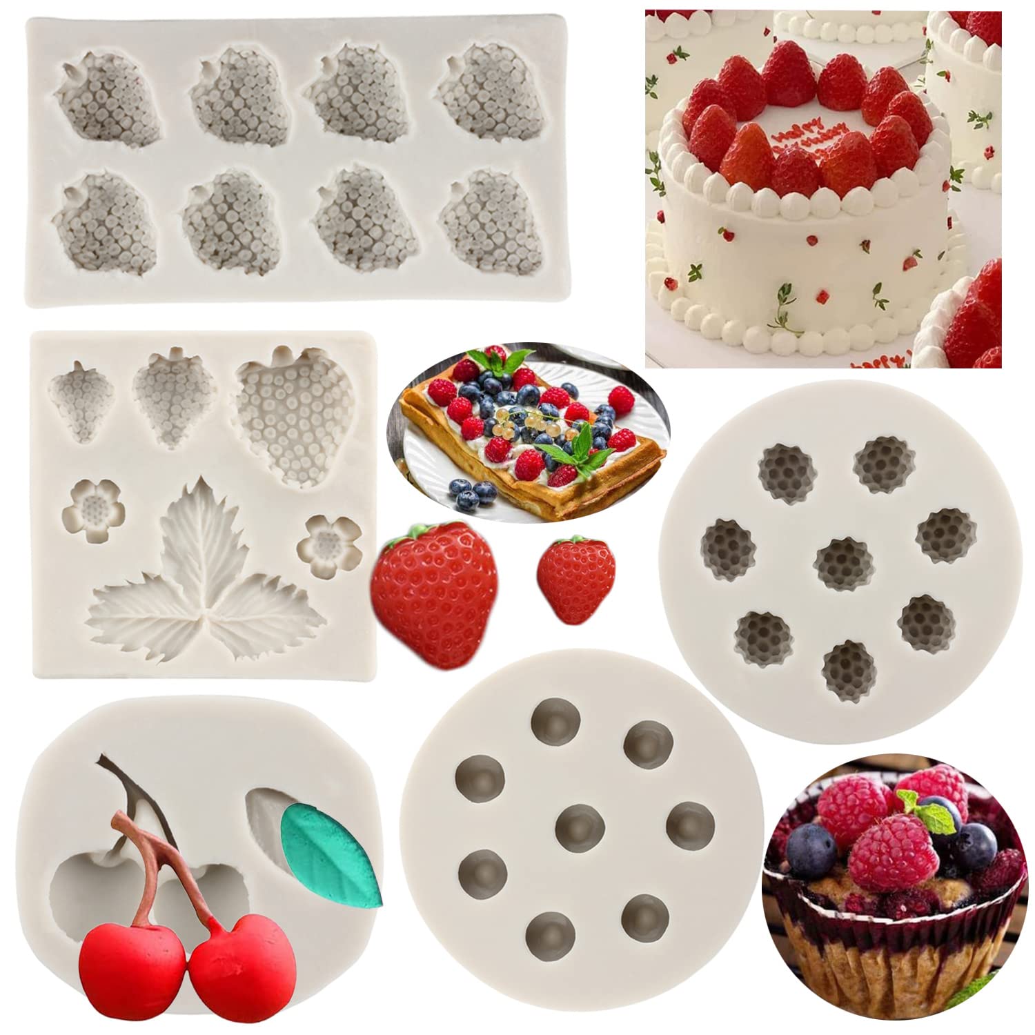 Sijiangmold Blueberry Raspberry Cherry Strawberry Cake Fondant Molds Berry Series Silicone Mold For Cake Decoration Cupcake Topp