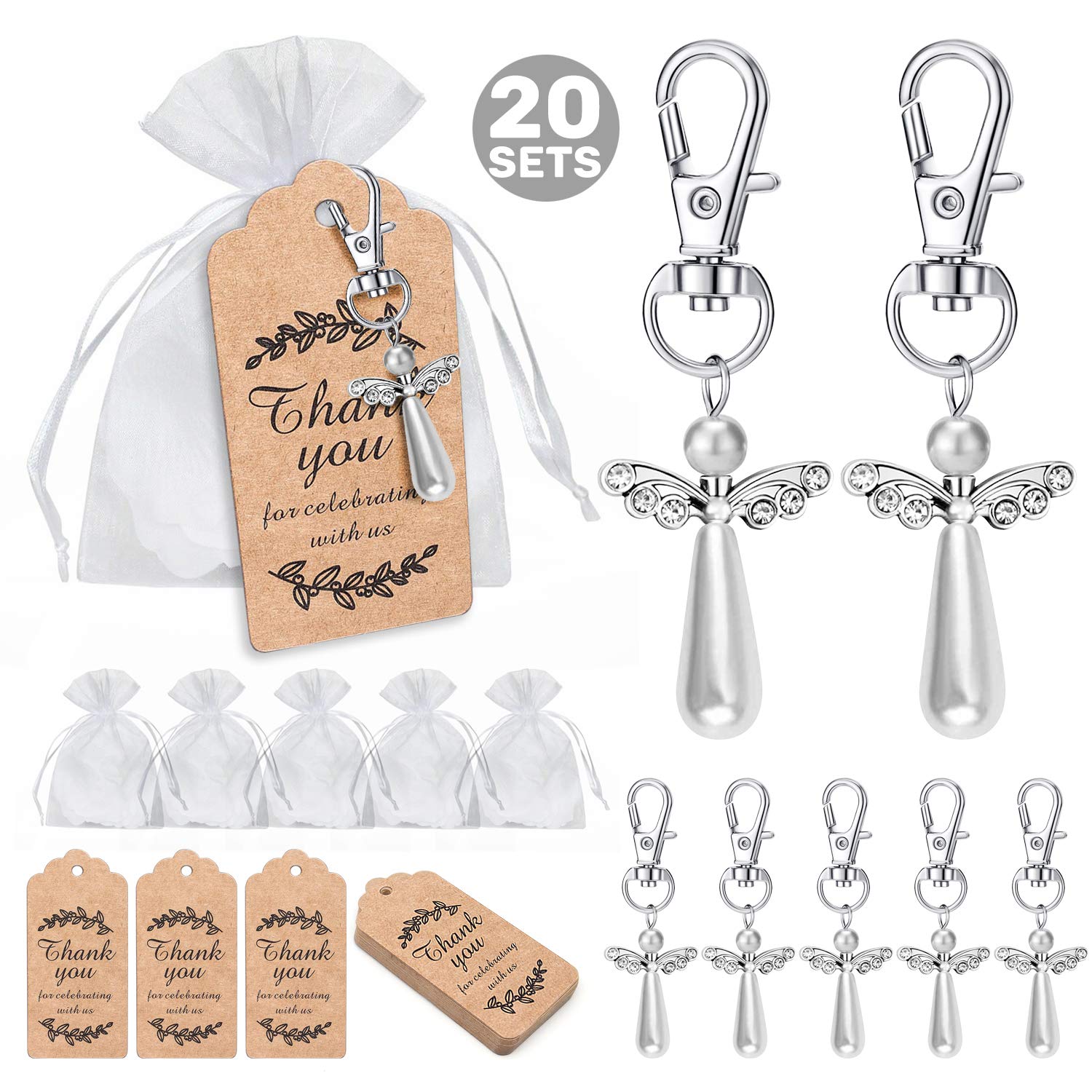 Movinpe 20Pcs Angel Favor Keychains Plus Organza Bags Plus Thank You Kraft Tags, Guest Return Favors For Baby Shower, Bridal Sho