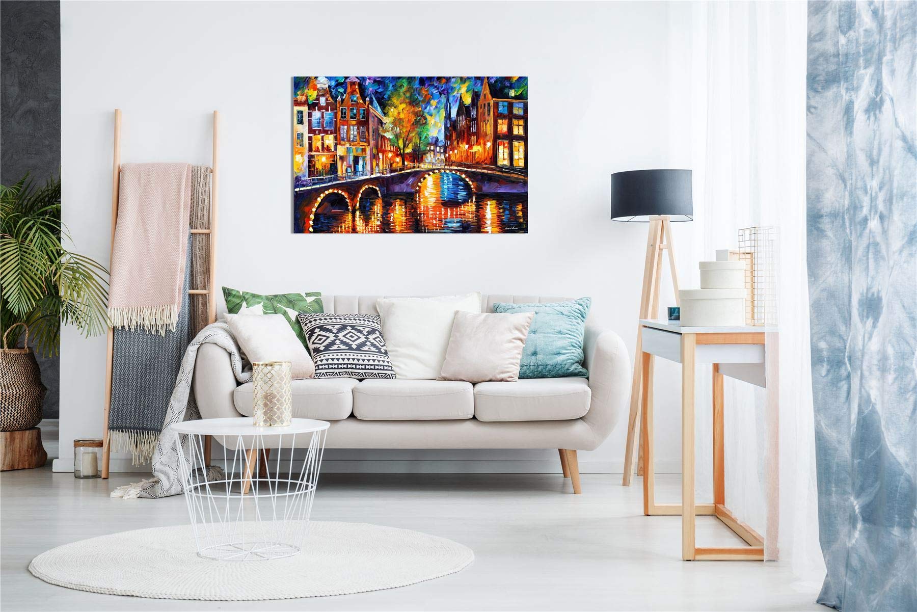 The Bridges Of Amsterdam By Leonid Afremov Canvas Wall Art Picture Print For Home Decor (12X8)