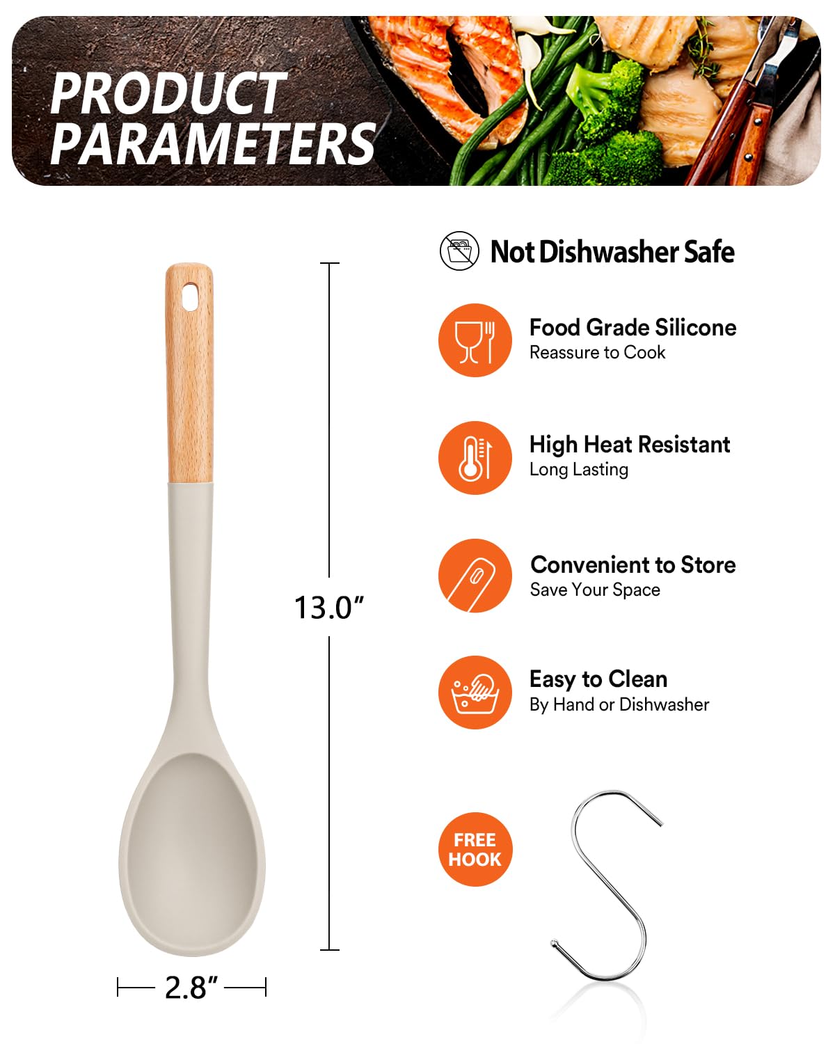 Large Silicone Cooking Spoons, Nonstick Solid Wooden Handle Spoon, Heat Resistan Silicone Kitchen Spoons For Cooking, Serving, B