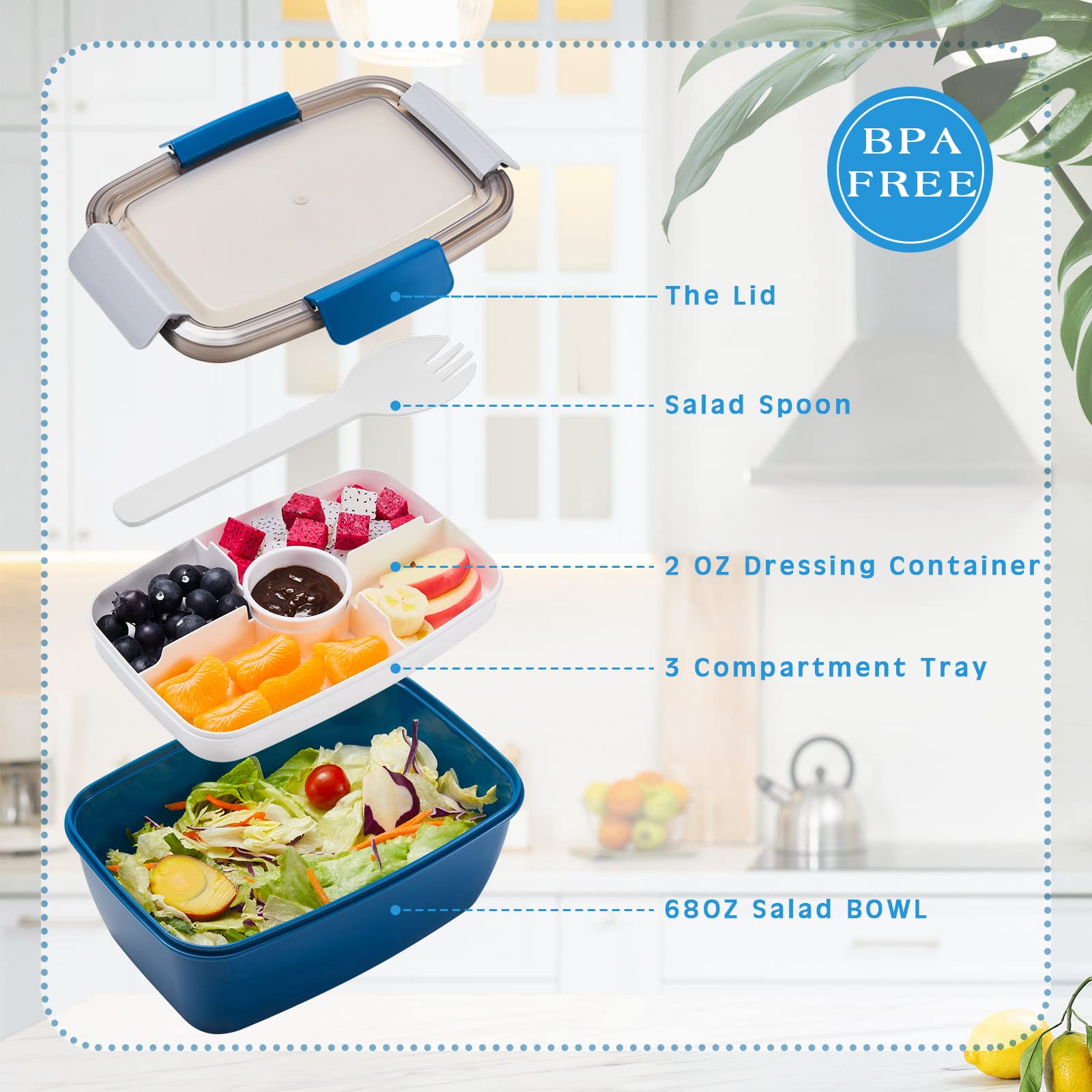 Tessco 6 Pcs Large Salad Container For Lunch 68 Oz Salad Bowls Stackable Lunch Box Containers With 5 Compartment And Sauce Cups