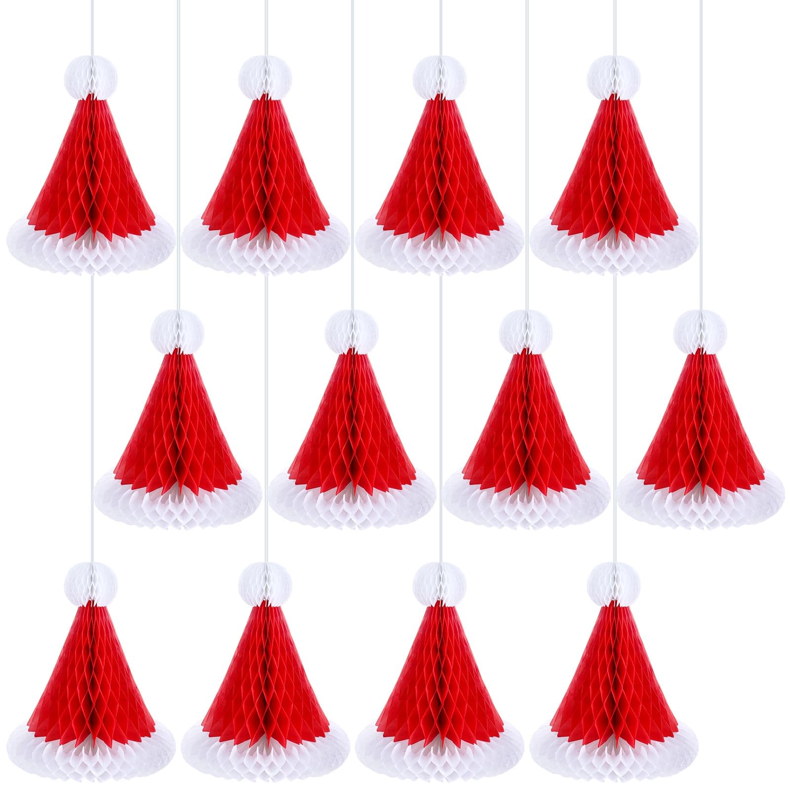 Eersida 12 Pieces Christmas Honeycomb Santa Hats Xmas Paper Hat for Christmas Tree Ornaments Hanging Decorations