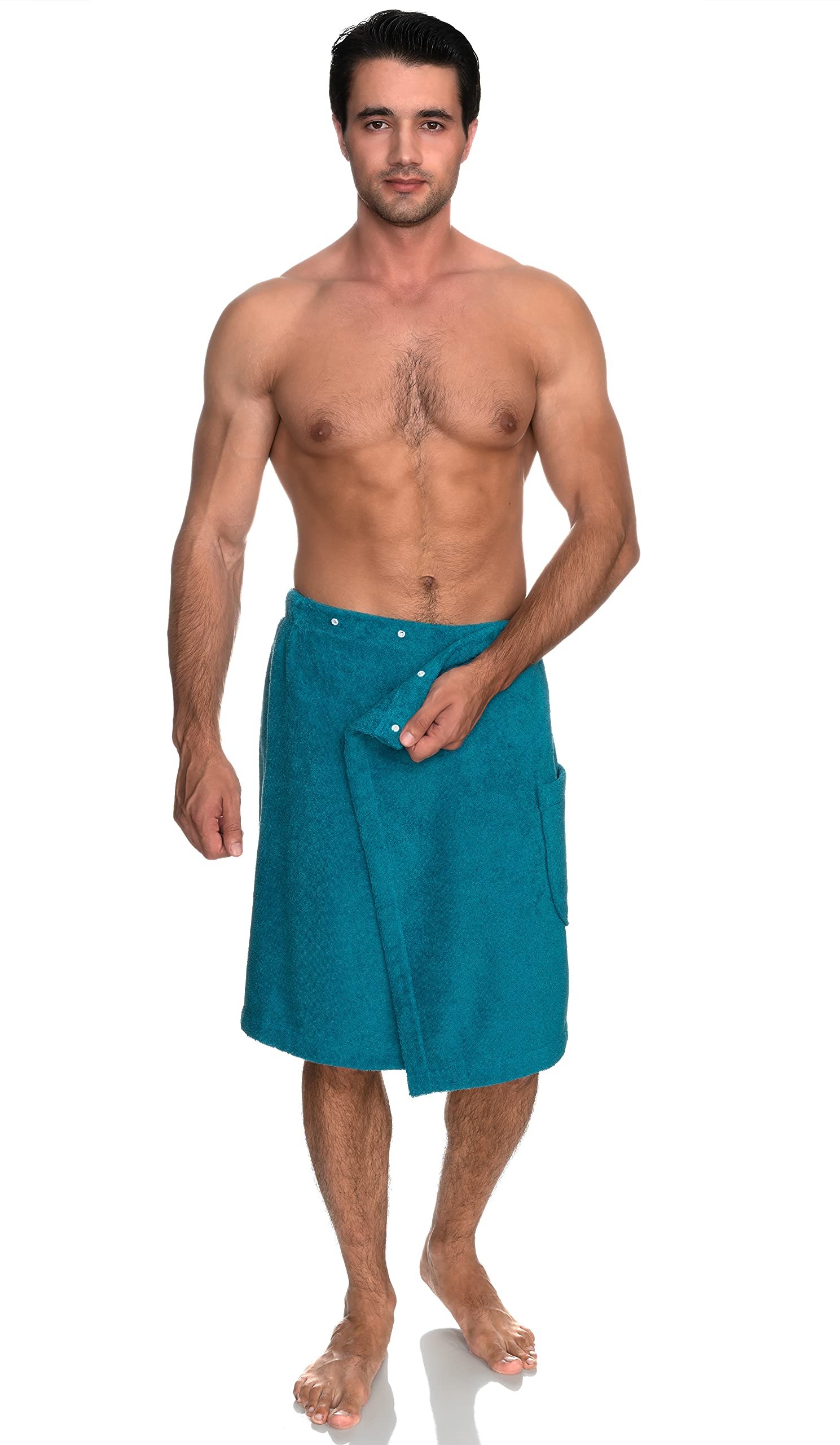 Towelselections Mens Shower Wrap Adjustable Cotton Terry Bath Gym Cover Up With Snaps Small/Large Algiers Blue