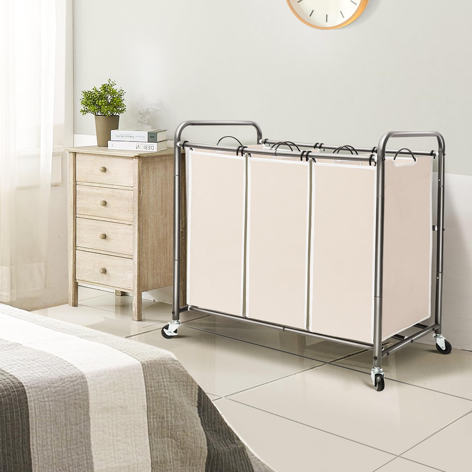 Sto Sto Laundry Sorter 3 Section, 3 Bag Laundry Hamper, Rolling Laundry Cart, Laundry Basket With Heavy Duty Lockable Wheels And