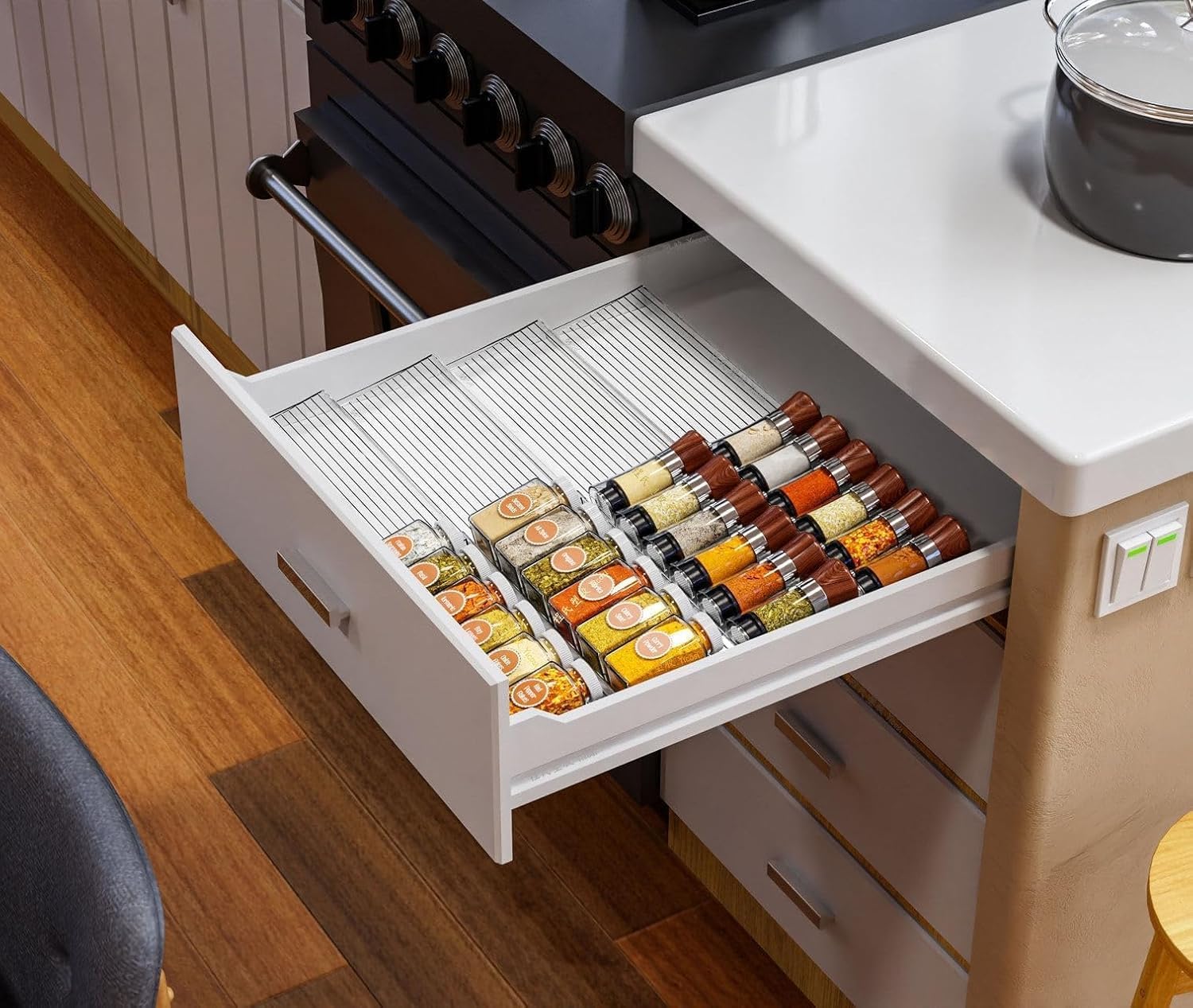 Inllex 4 Pcs Expandable Acrylic Spice Rack Organizer for Kitchen Drawer & Cabinet, Adjustable 4 Tier Spice Tray Insert, Transpar