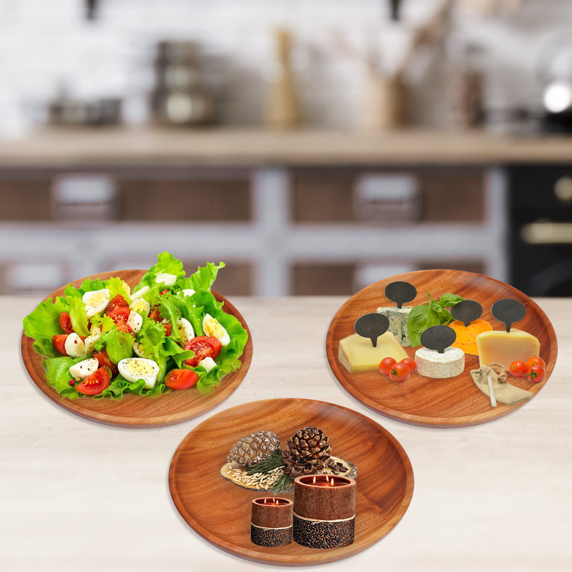 VieWood Round Wood Plates Charger  Wooden dinnerware set of 3 for dishes snack  dessert or occasions (4.7in  7.9in and 10in)