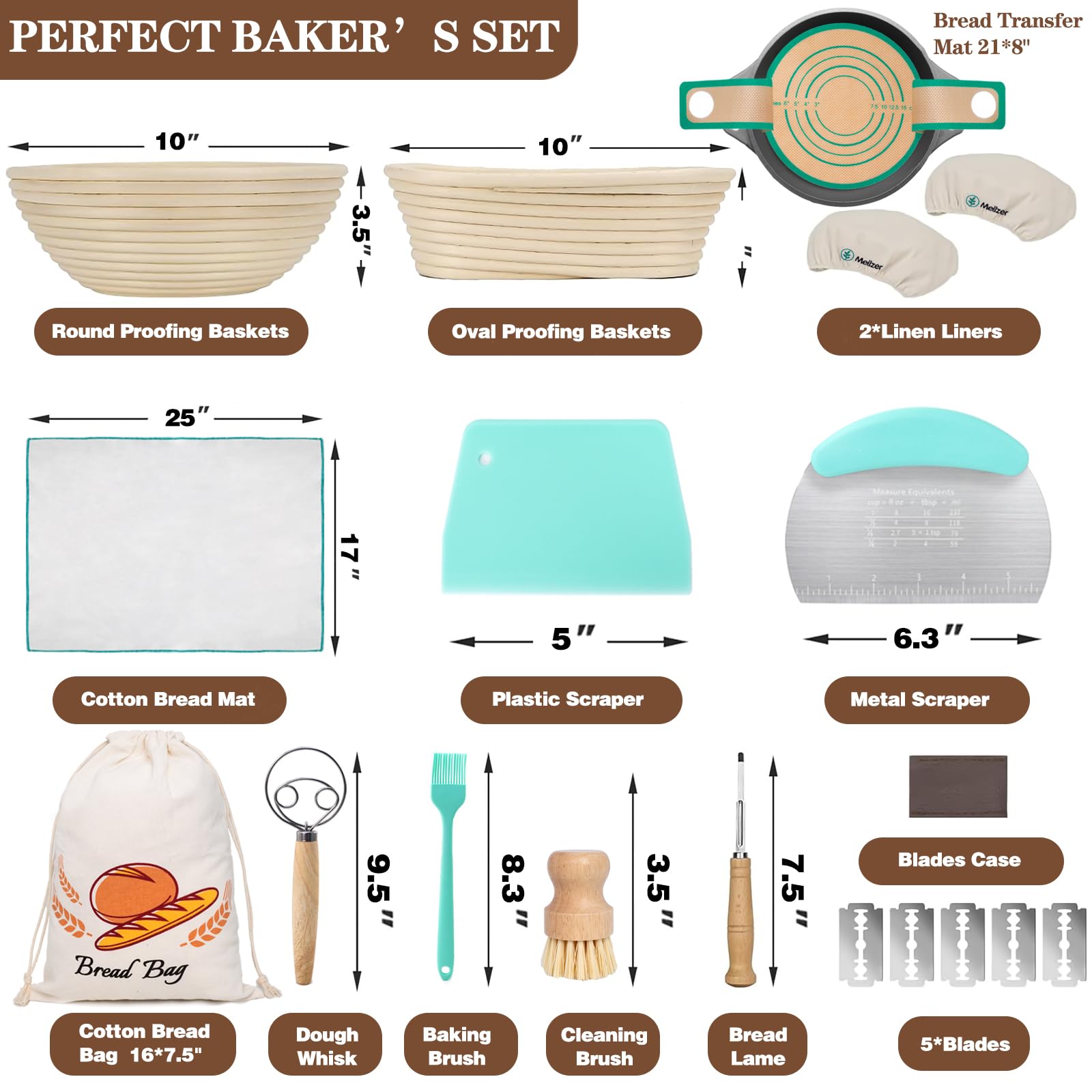 Meilzer Banneton Bread Proofing Basket Gift Set,Round 10'' & Oval 10'' Sourdough Bowls With Cotton And Linen Liner And Other Bre