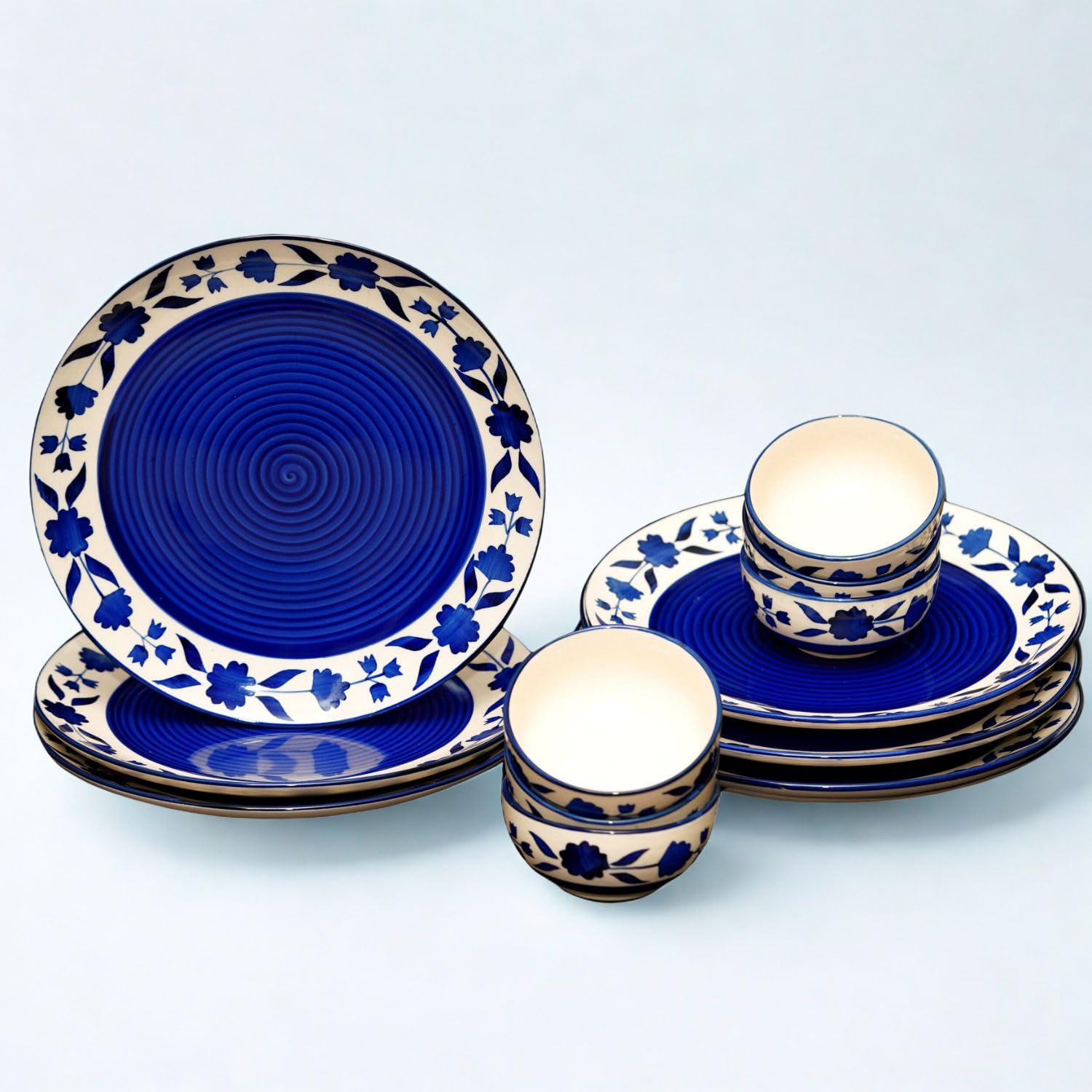 Yourowndcor Handcrafted Ceramic Blue Floral 12 Pieces Dinner Set - 6 Full Plate 10 inch, 6 Serving Bowls 4 inch| Microwave Safe,