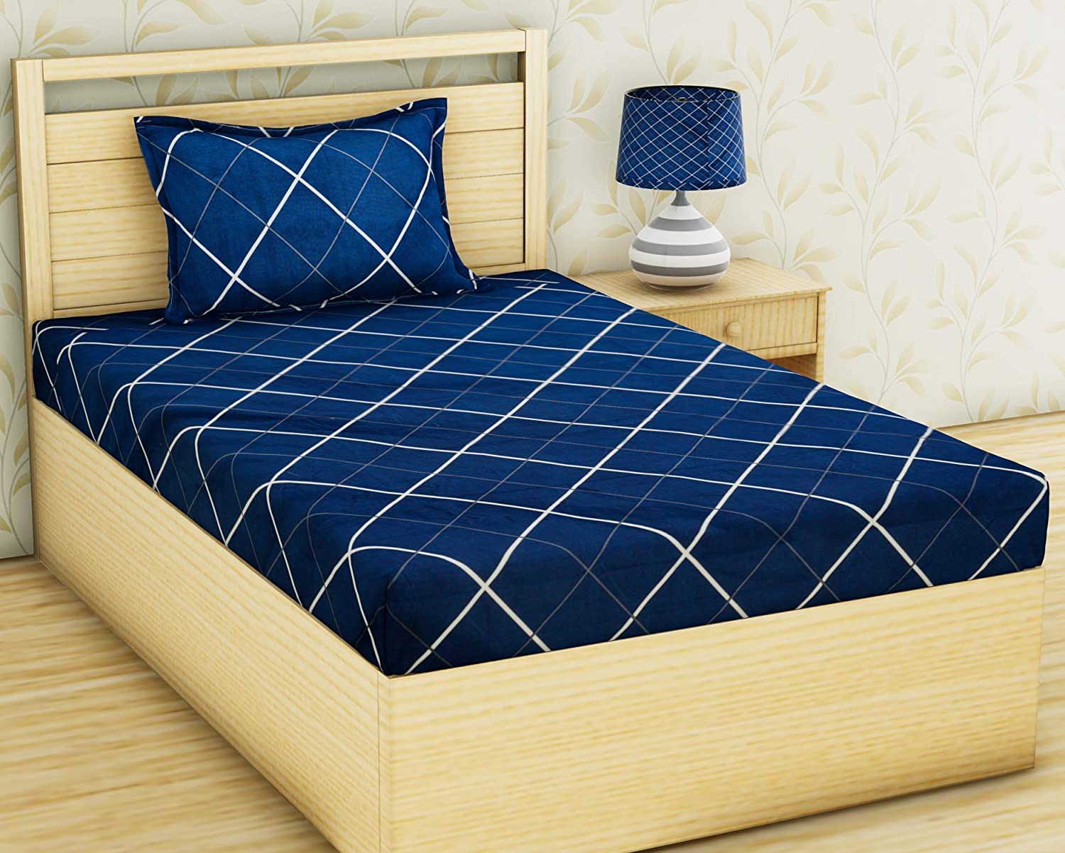 Avinya Cotton Feel Glace Cotton Elastic Fitted Printed Single Size Bed Bedsheet with one Pillow Cover(72x 48x 6) (Blue)