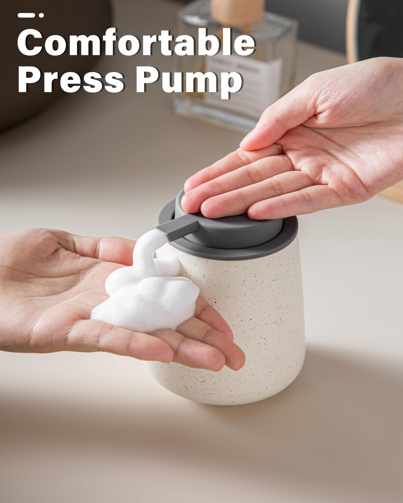 Foam Hand Soap Dispenser - 12 Oz Bathroom Lotion Hand Pump Dispenser, Ceramic Foaming Soap Dispenser With Grey Removable Pump Fo