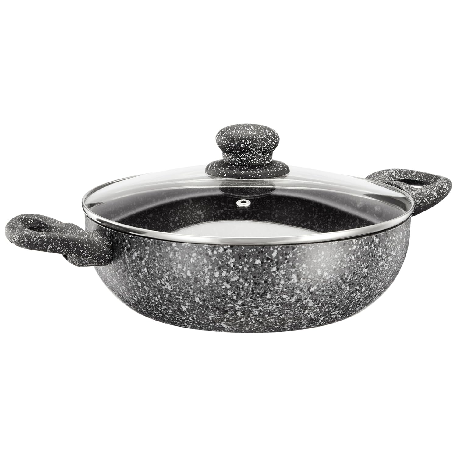 Amazon Basics Aluminium Granite Finish Kadhai With Glass Lid | NonStick | Soft Touch Handles | Induction Bottom | 2500 Ml | Gre