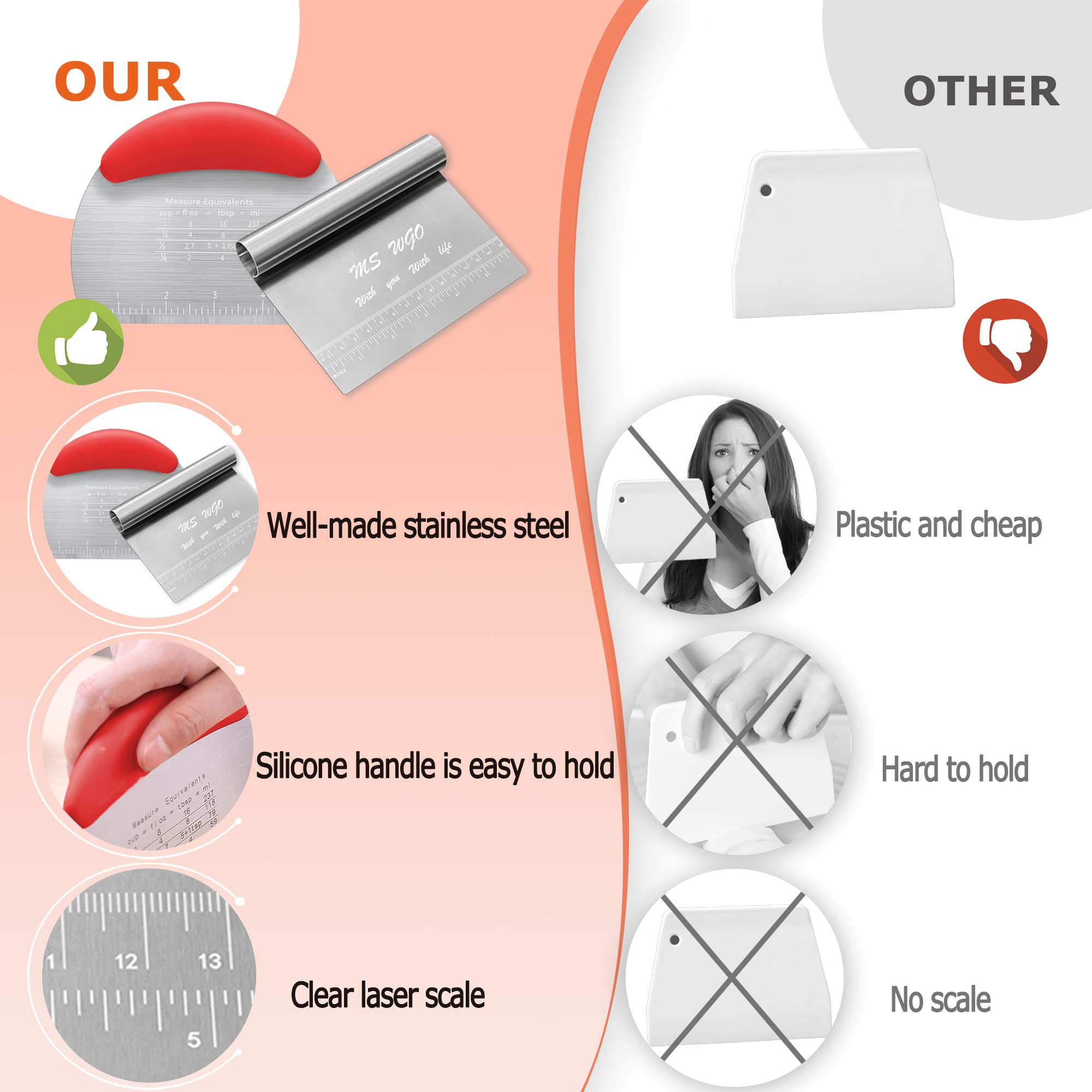 Dough Scraper Cutter Pastry Pizza Cutter Stainless Steel Tool With Scale Ruler, Kitchen Tool For Baking Cookie Dough Vegetable B