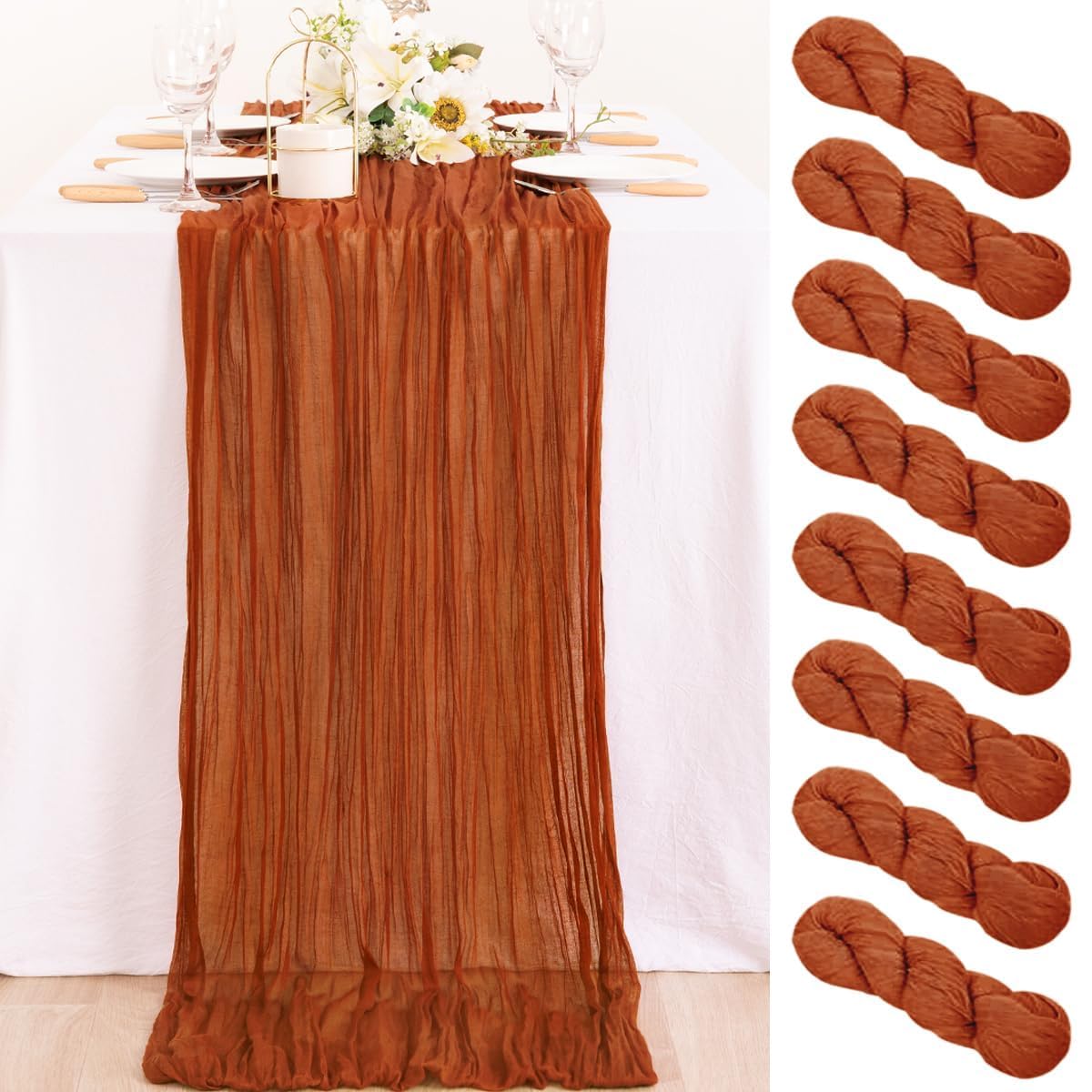 MLMC 8 Pack Terracotta Fall Thanksgiving Table Runner 10ft Rustic Burnt Orange Rust Gauze Cheesecloth Table Runner 120 inch for 