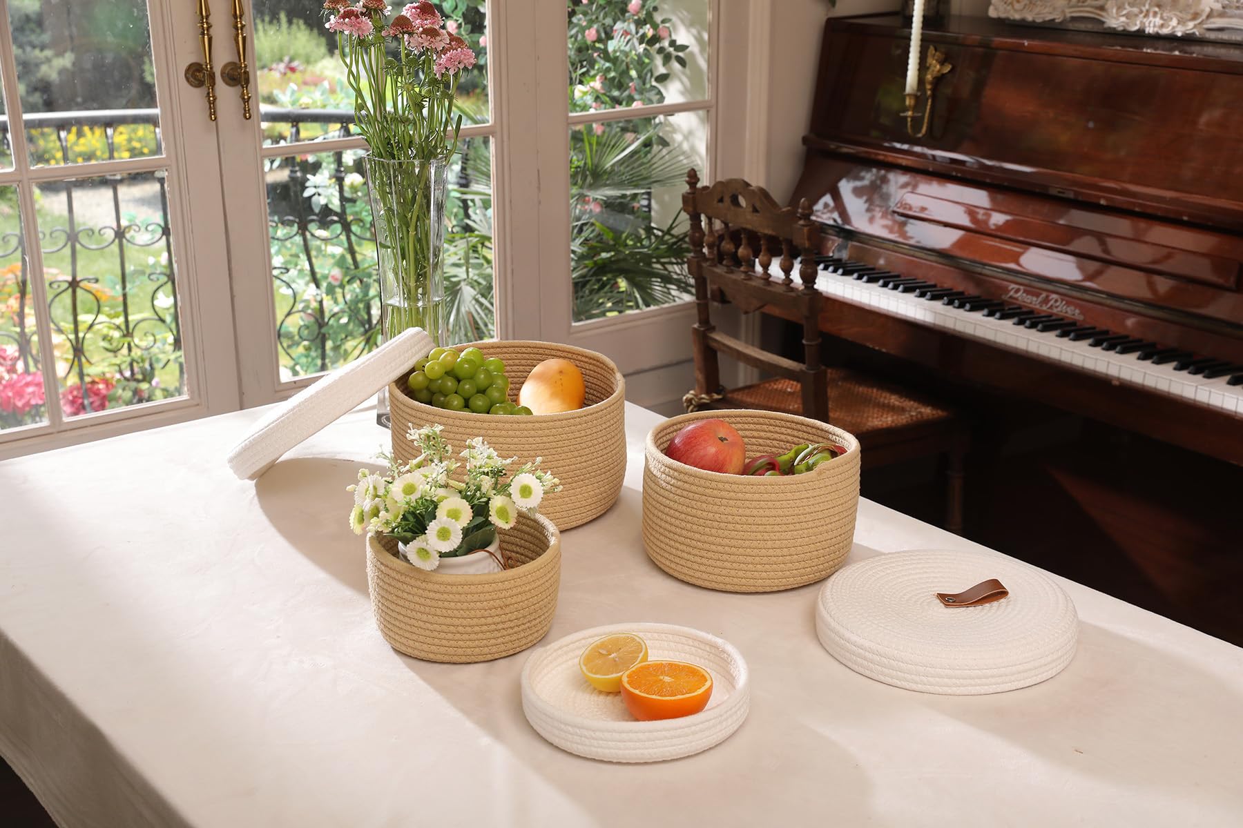 Cottonphant Set Of 3 Stylish Round Woven Baskets With Lids - Elegant Storage Solution For Home Decor And Organization - Compact