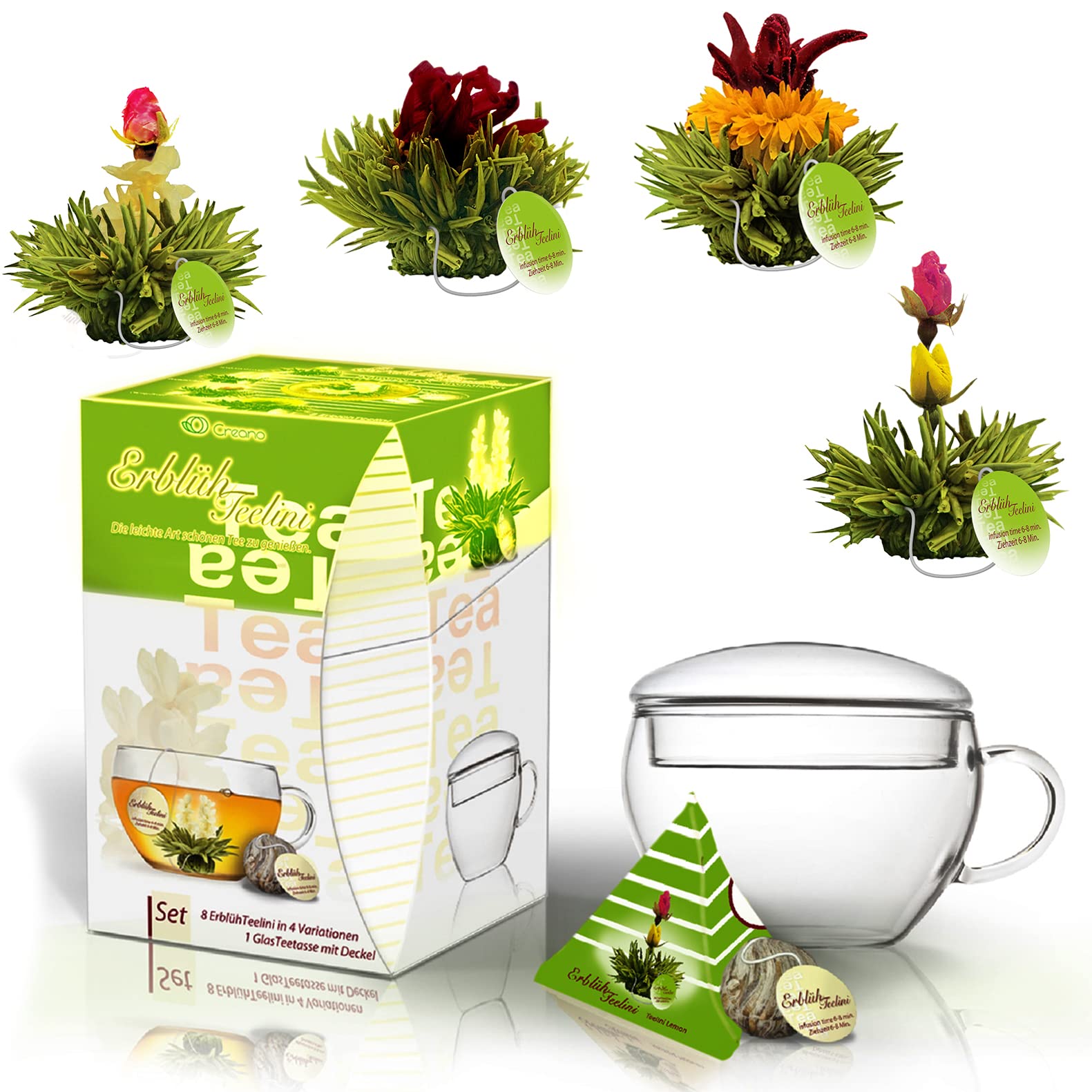 Creano Bloomning Tea Gift Set With Tea Glass 7Oz And 8 Tea Flowers In Cup Size - Green Tea - Gift For Women, Mother, Tea Lovers