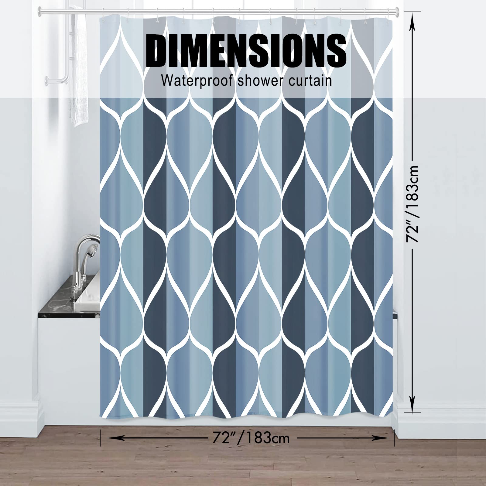 Gelbchu Aegean Blue Geometric Shower Curtain  Waterproof Design and Polyester  Quick-Drying  Weighted Hem  Blue Fabric Shower Curtains Set for Bathroom W 72 x H 72  Durable and Washable with 12 Hooks