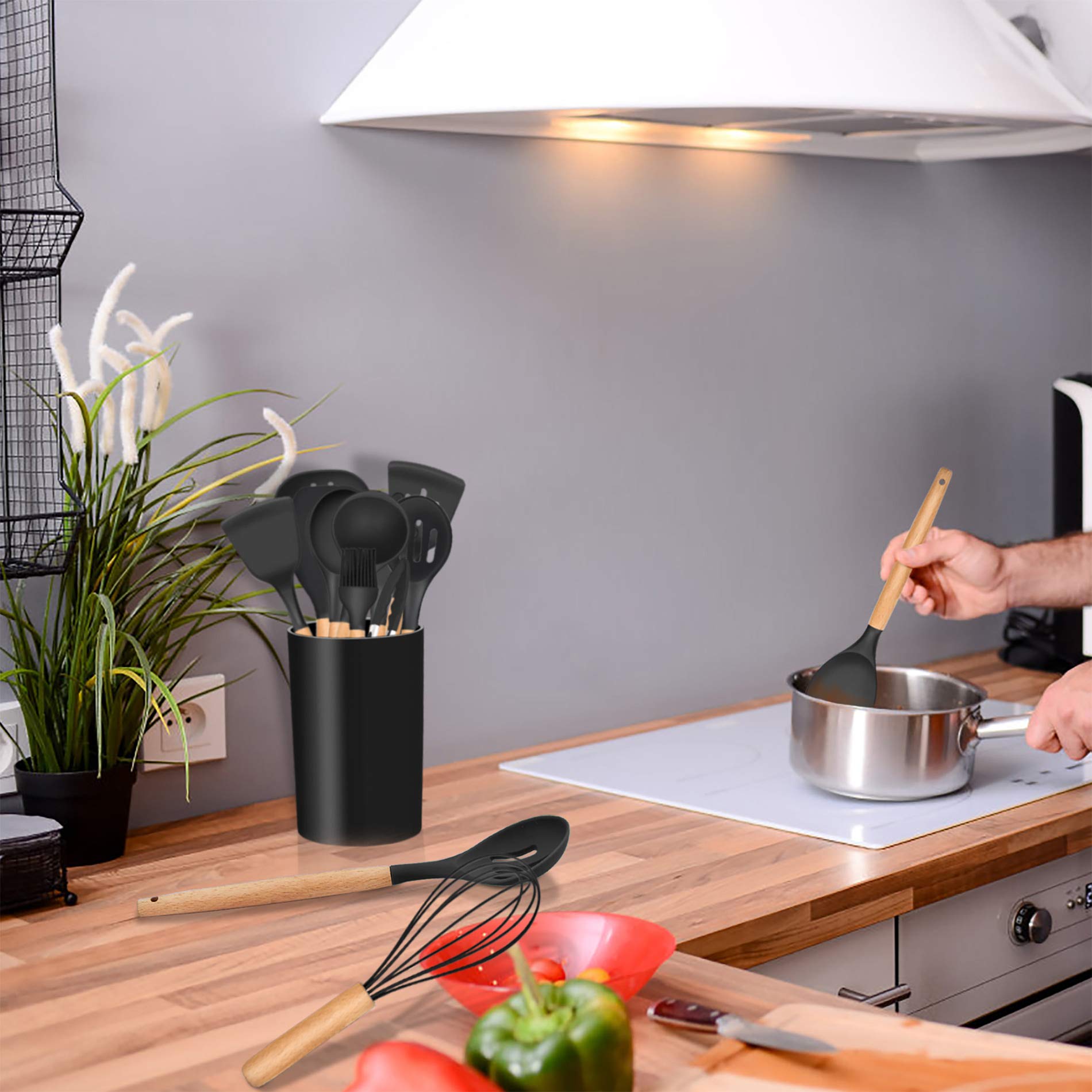 Lianyu 13-Piece Silicone Kitchen Cooking Utensils Set With Holder, Wooden Handle Utensils For Cooking, Kitchen Tools Include Spa