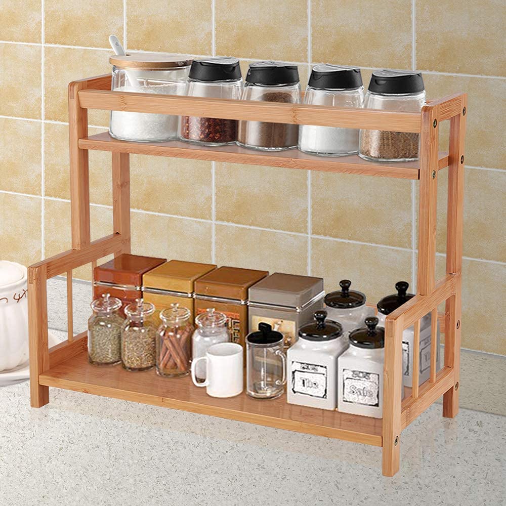 Ufine 2 Tier Bamboo Spice Rack Organizer Kitchen Countertop Storage Shelf Free Standing Holder Under Cabinet Bathroom for Variou