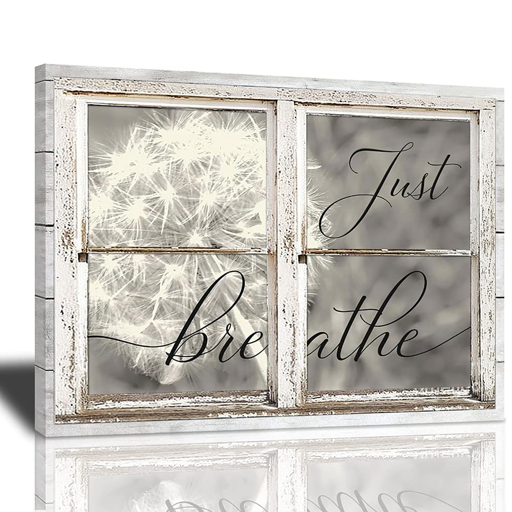 Sunator Just Breathe Canvas Wall Art Beautiful Dandelion And Window Inspirational Pictures Motivational Quotes Poster Framed Wal