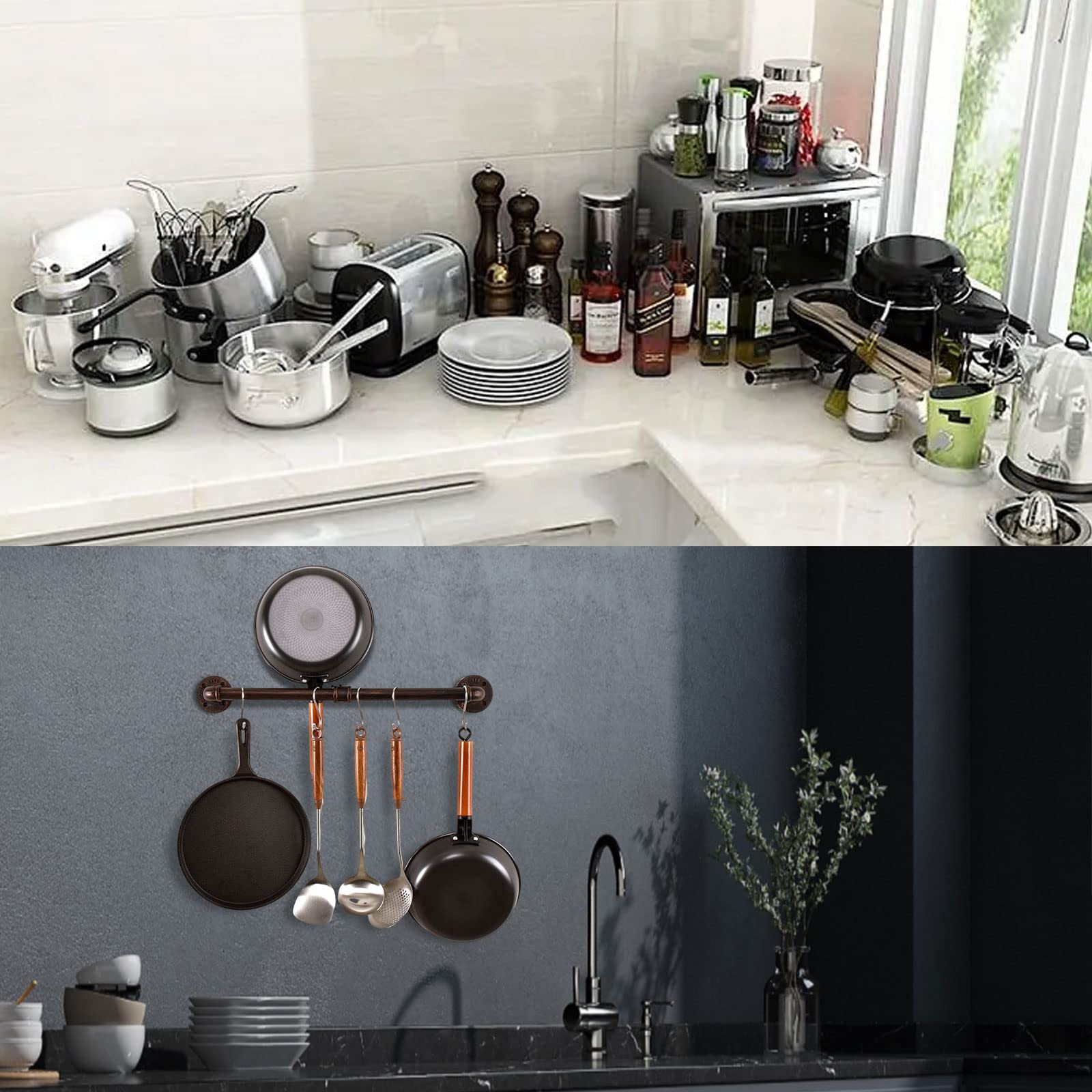 Hoemlim Pipe Pot Pan Rack Wall Mounted Industrial Utensil Lid Holder Cookware Hanger Kitchen Organizer Hanging Bar Rail With S H