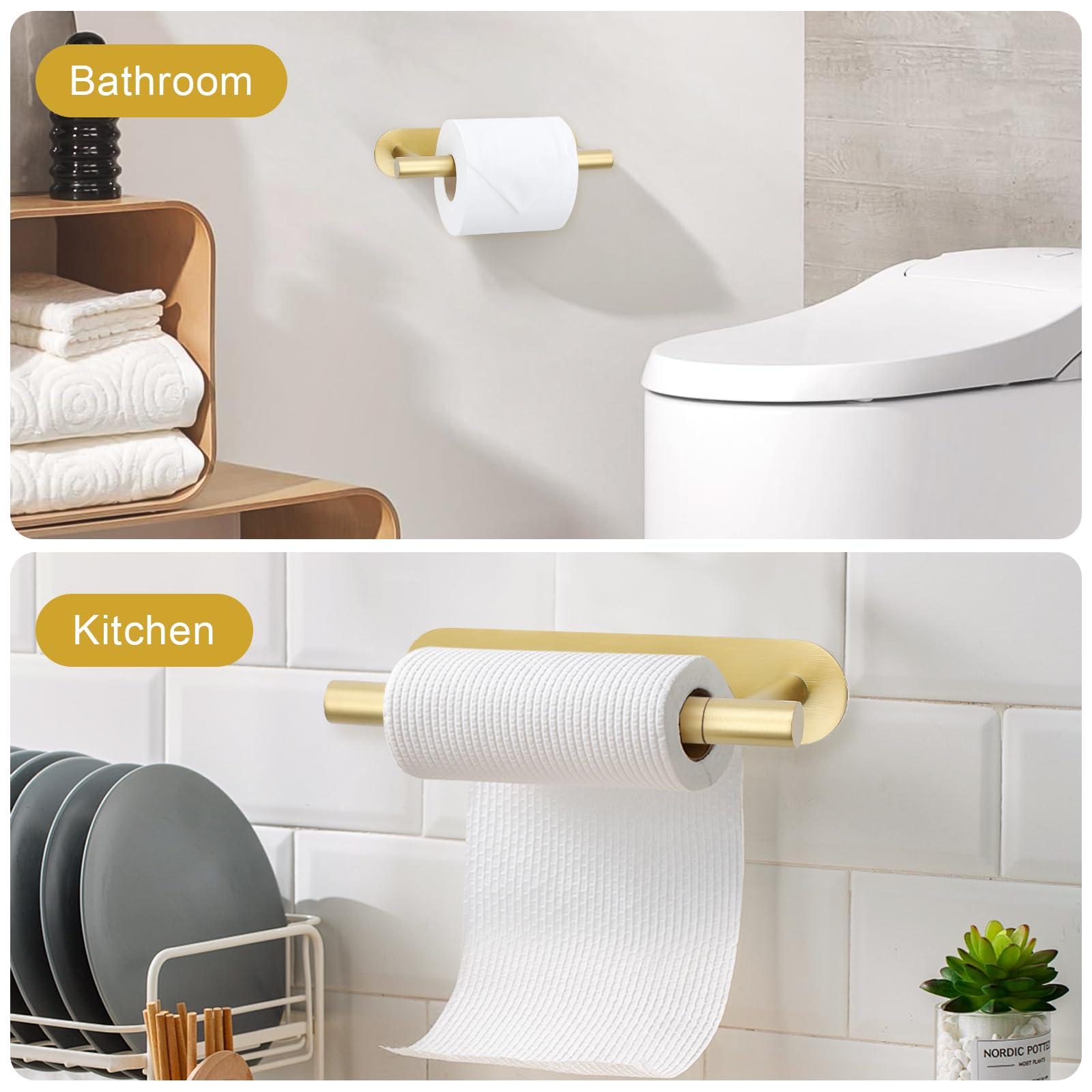Self Adhesive Brushed Gold Toilet Paper Holder, Sus304 Stainless Steel Toilet Roll Holder, Double Base Paper Towel Holder Wall M