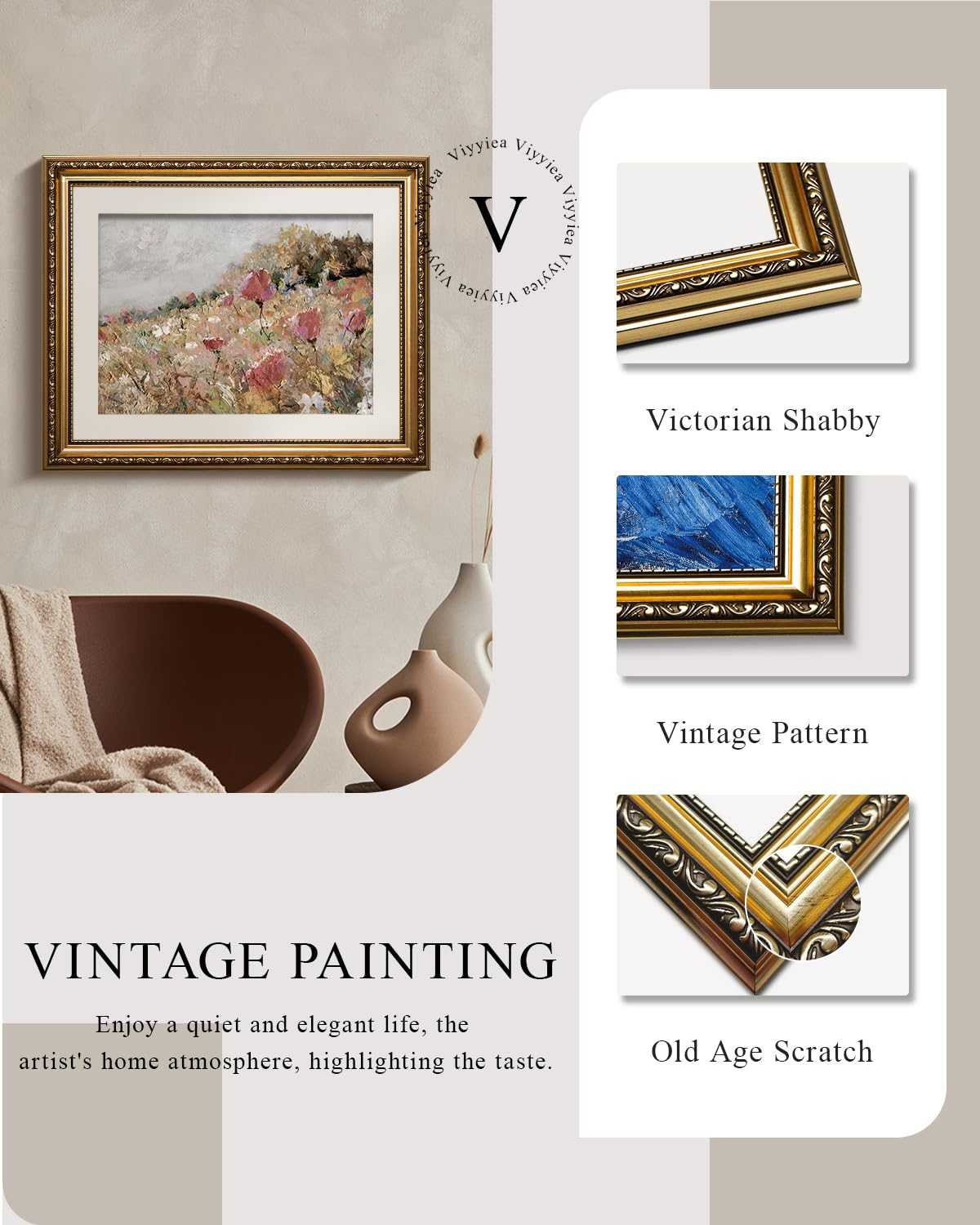Viyyiea Gold Framed Wall Art Canvas Print Home Decor Flower Art Vintag ...