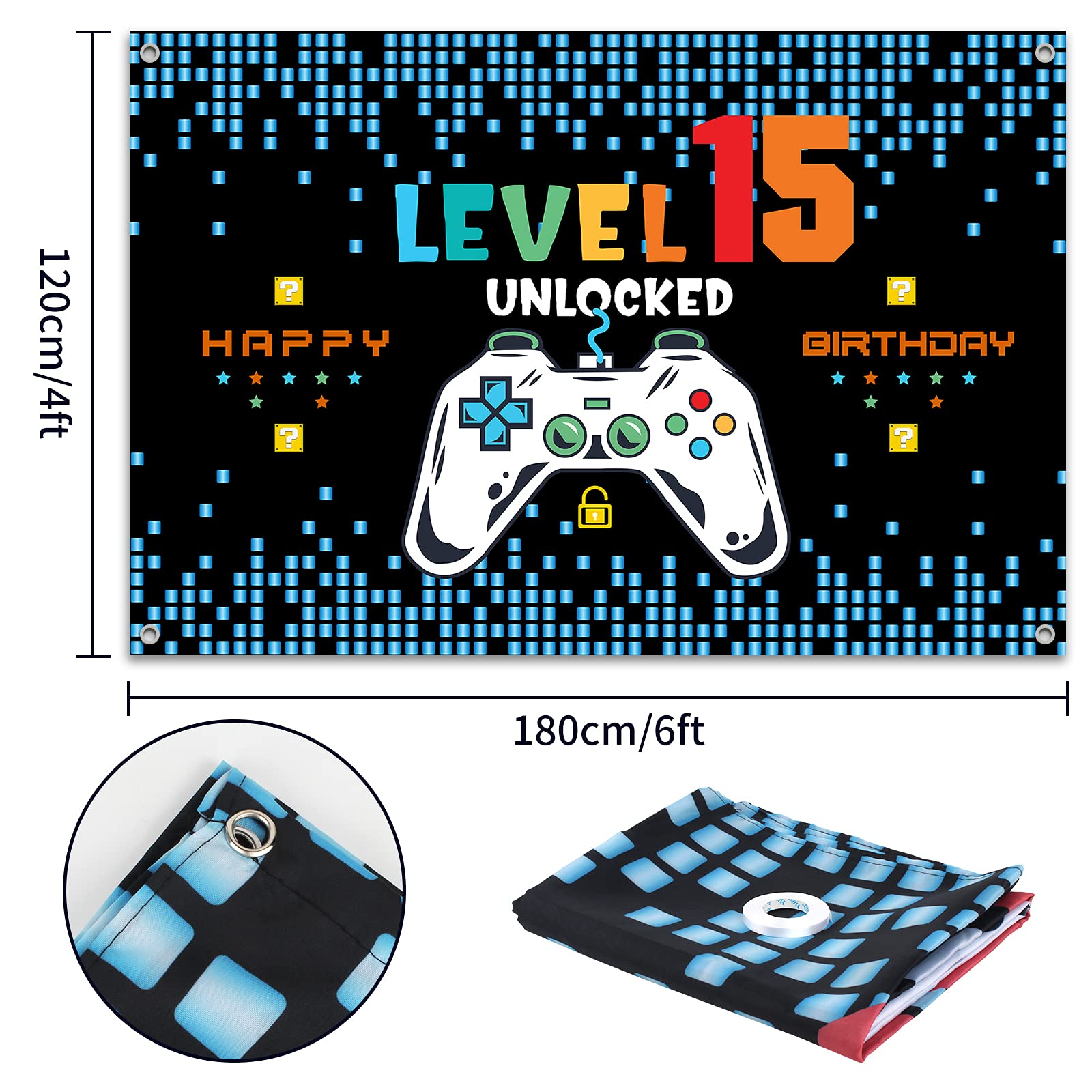 Hamigar 6X4Ft Happy 15Th Birthday Baner Backdrop - Level 15 Unlocked Birthday Decorations Party Supplies For Boys - Blue