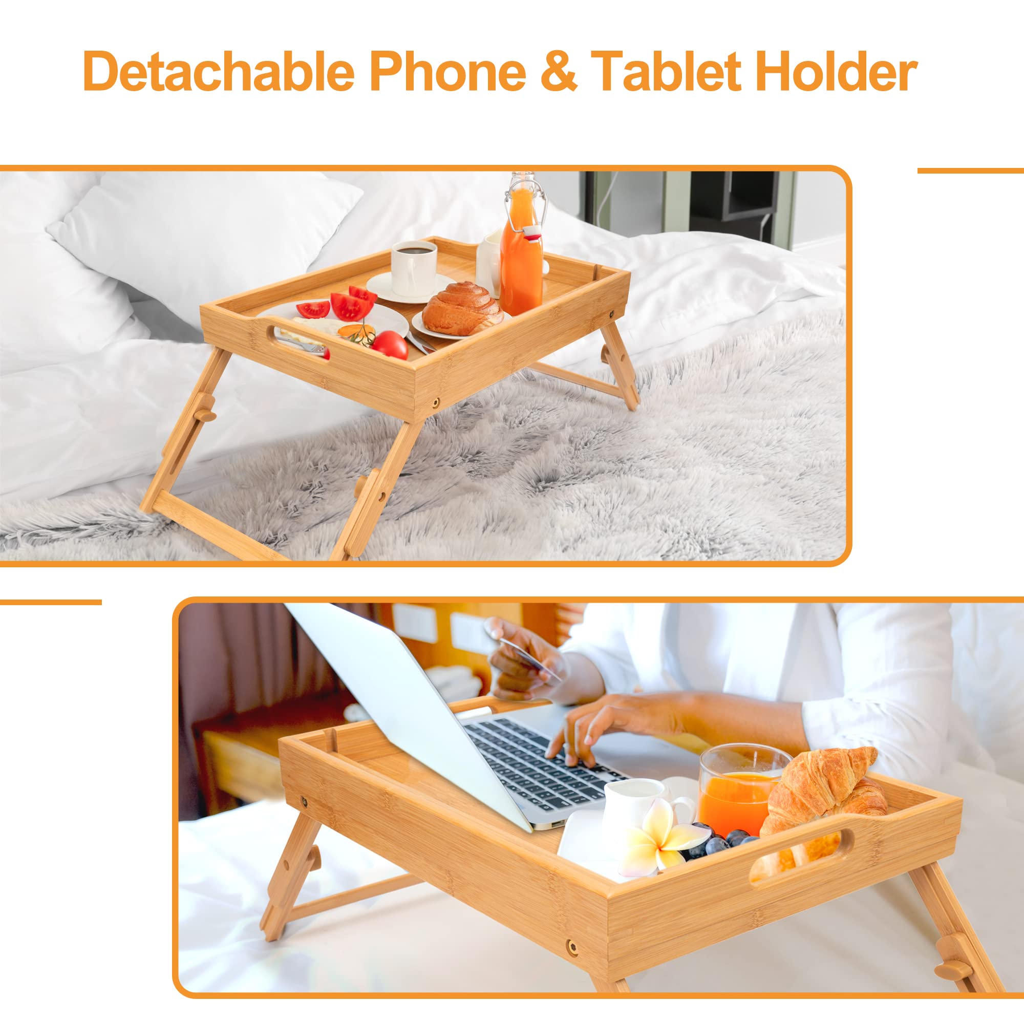 Greenual 2 Pack Bed Tray Table With Handles Folding Legs, Bamboo Breakfast Food Tray With Media Slot, Use As Platter, Laptop Des