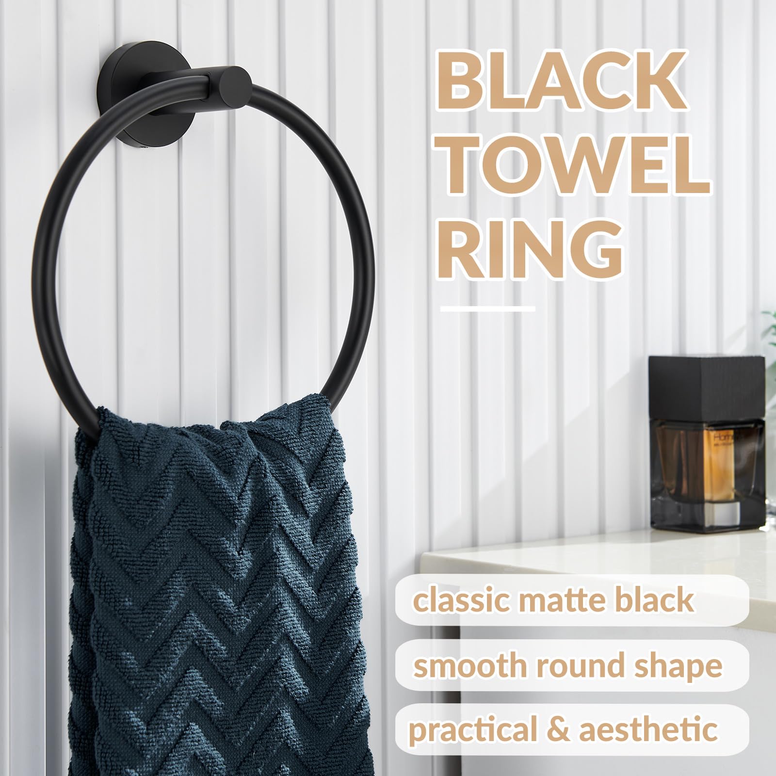 APLusee Matte Black Towel Ring  Stainless Steel Hand Towel Holder  Bathroom Towel Rack  Round Towel Hanger  Storage Hardware Wall Mounted