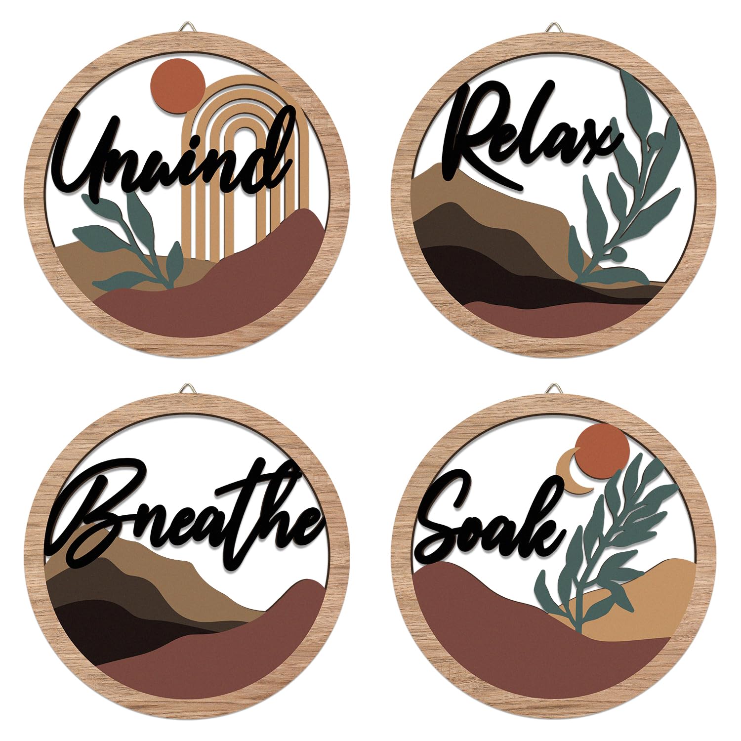 HPNIUB 4 Pcs Boho Bathroom Wall Decor with Relax Soak Unwind Breathe Relaxing Quotes Bohemian Wooden Hanging Wood Sign, Farmhous