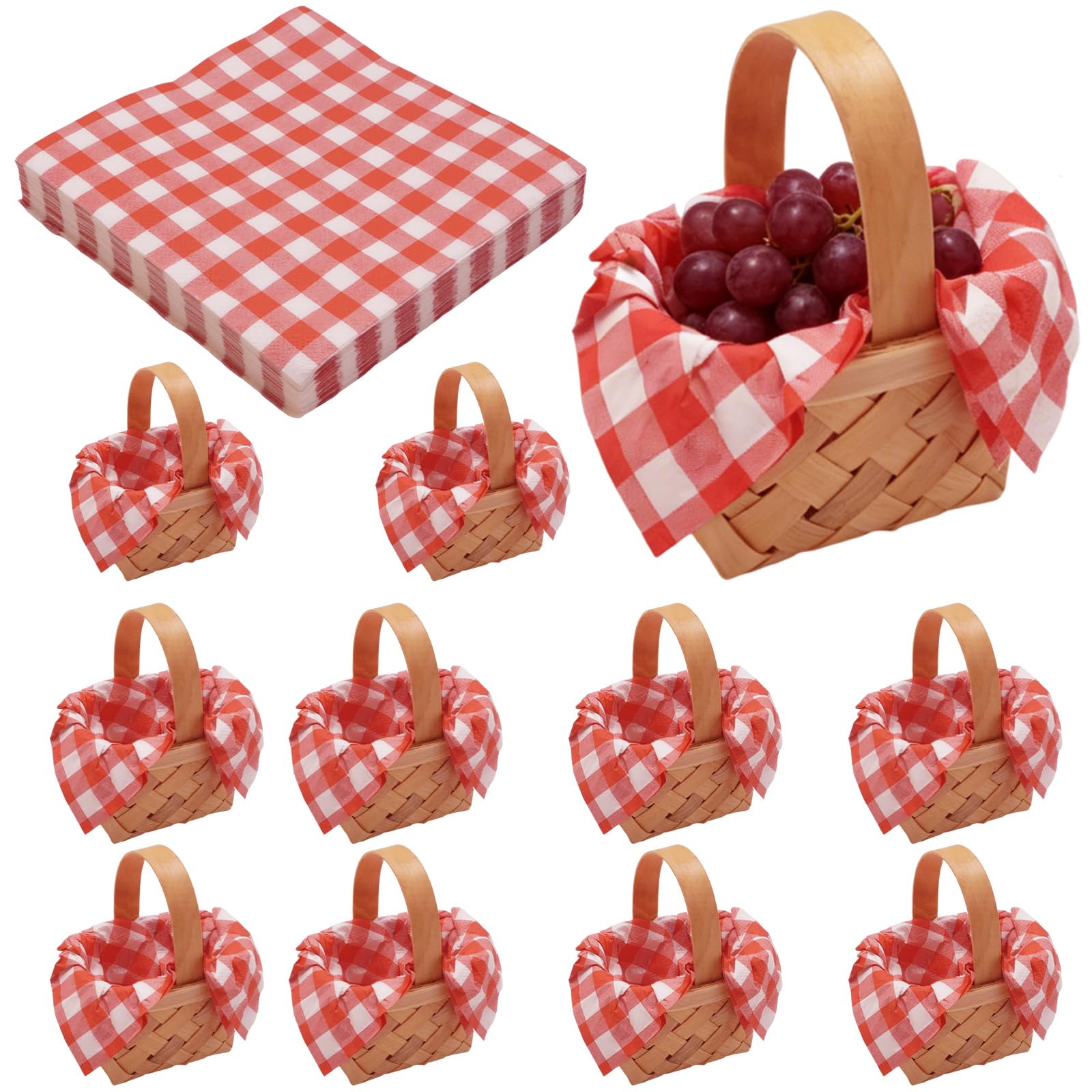 MDEOOSKY 12 Pcs Mini Woven Wooden Baskets with Handles, Includes 20 Red and White Gingham Napkins, Ideal for Spring Celebrations