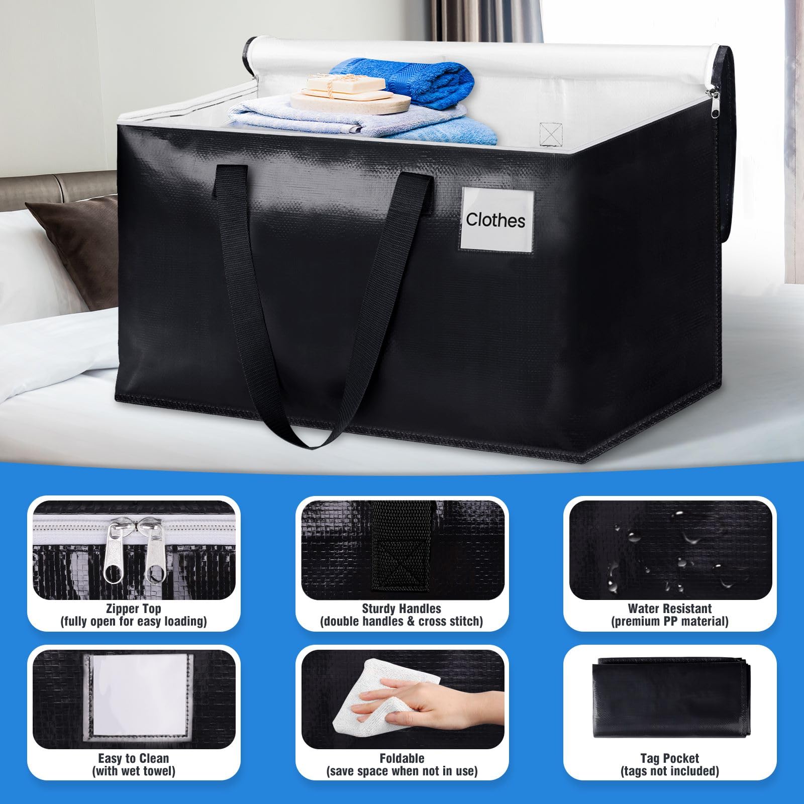 BlissTotes Moving Bags  Heavy Duty Moving Boxes with Zippers Top and Sturdy Handles  Storage Bags for Space Saving and Packing  Collapsible Moving Supplies  Storage Totes (93L  4-Pack  Black)