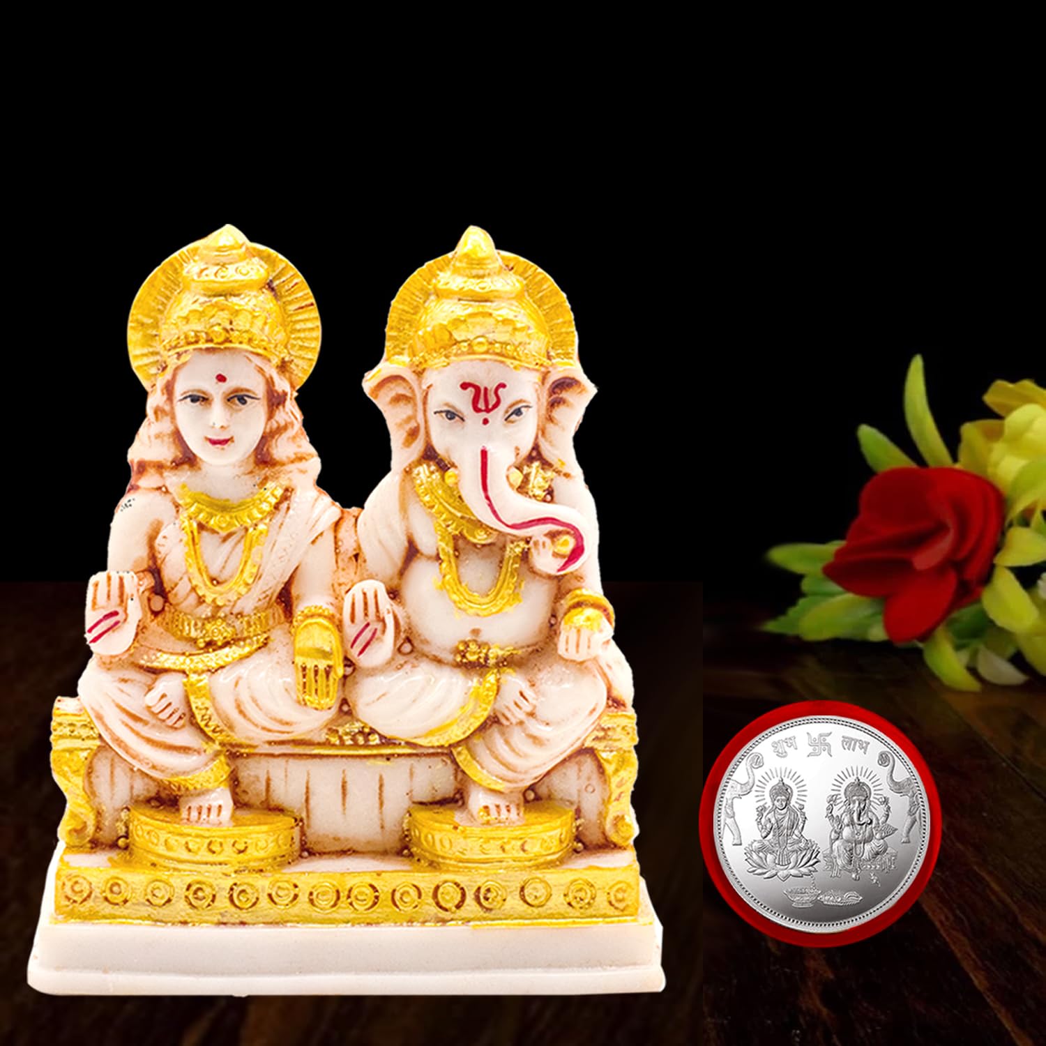 Kitlyn Laxmi Ganesh Murti (12 Cm) | Lakshmi Ganesh Statue For Diwali Puja | Laxmi-Ganesh Silver Coin | Ganesh Laxmi For Home Dec