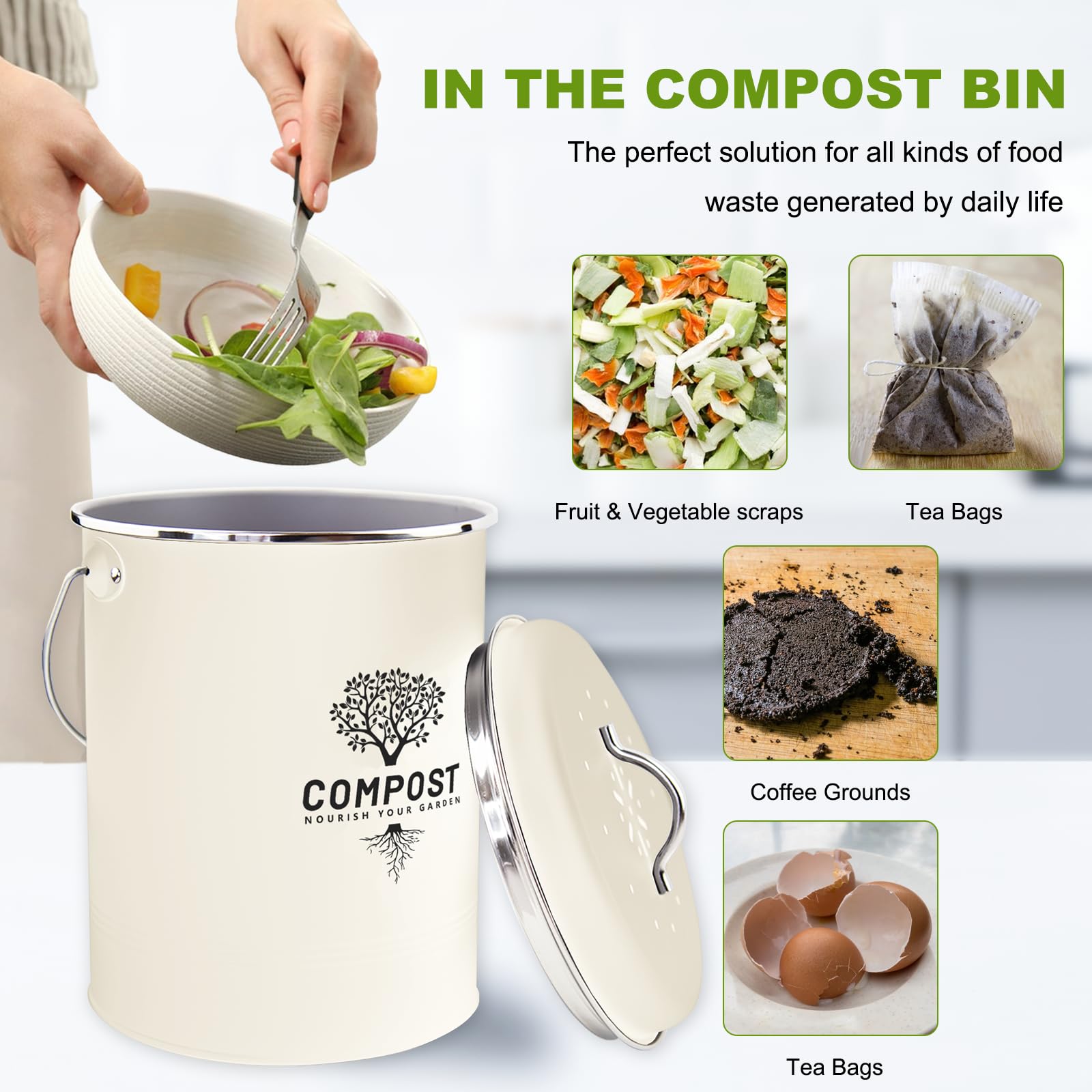 Holismo Kitchen Countertop Compost Bin - Medium Cream, Odor Resistant Metal Bucket with Lid & Charcoal Filter