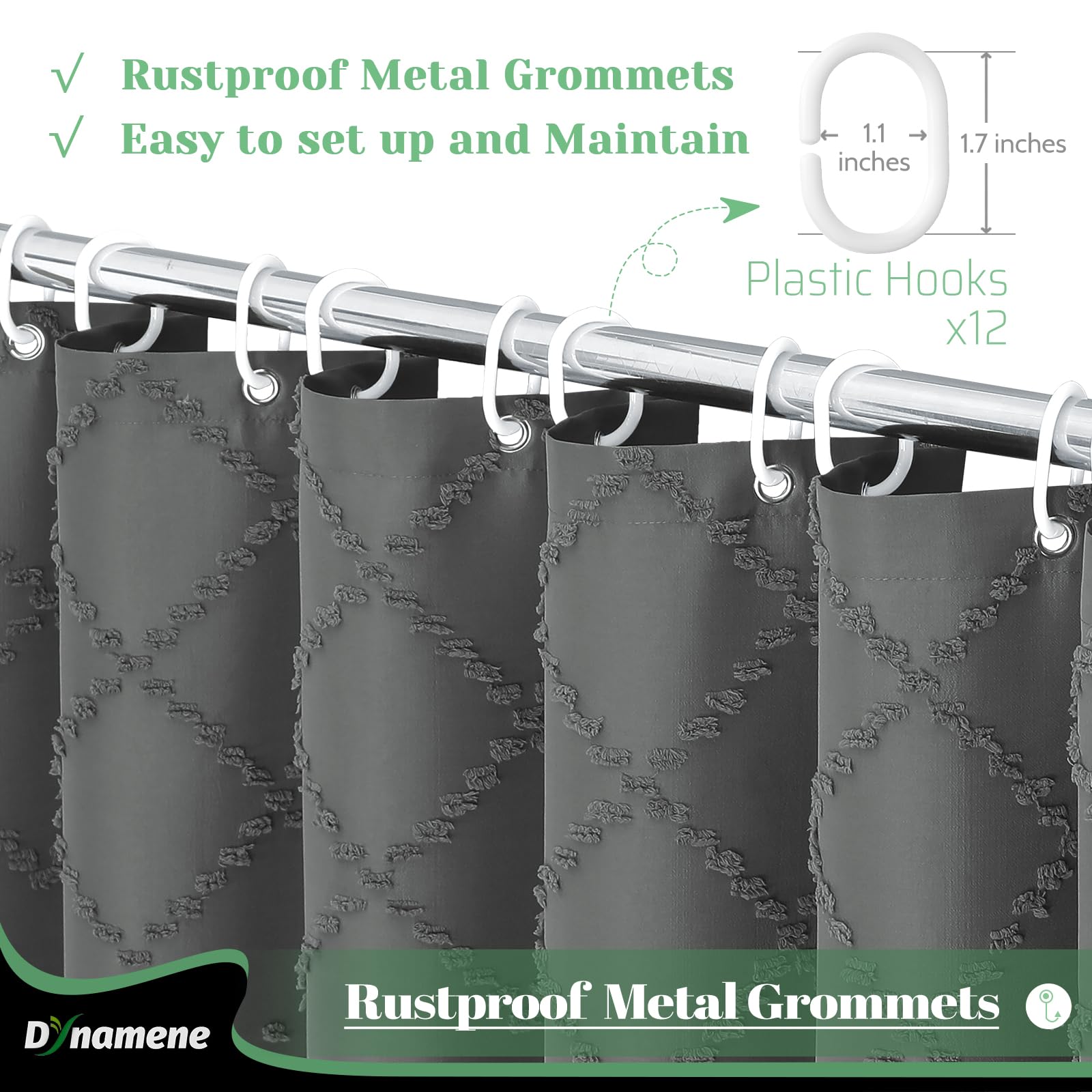 Dynamene Charcoal Grey Fabric Shower Curtain, Boho Tufted Geometric Striped Tassel Shower Curtain For Bathroom, Shabby Chic Text