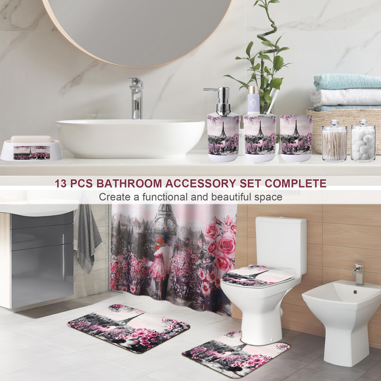 Pink Paris Bathroom Accessories Set With Shower Curtain Bath Rugs,13 Pcs Bath Sets With Trash Can, Toothbrush Holder, Cup, Lotio
