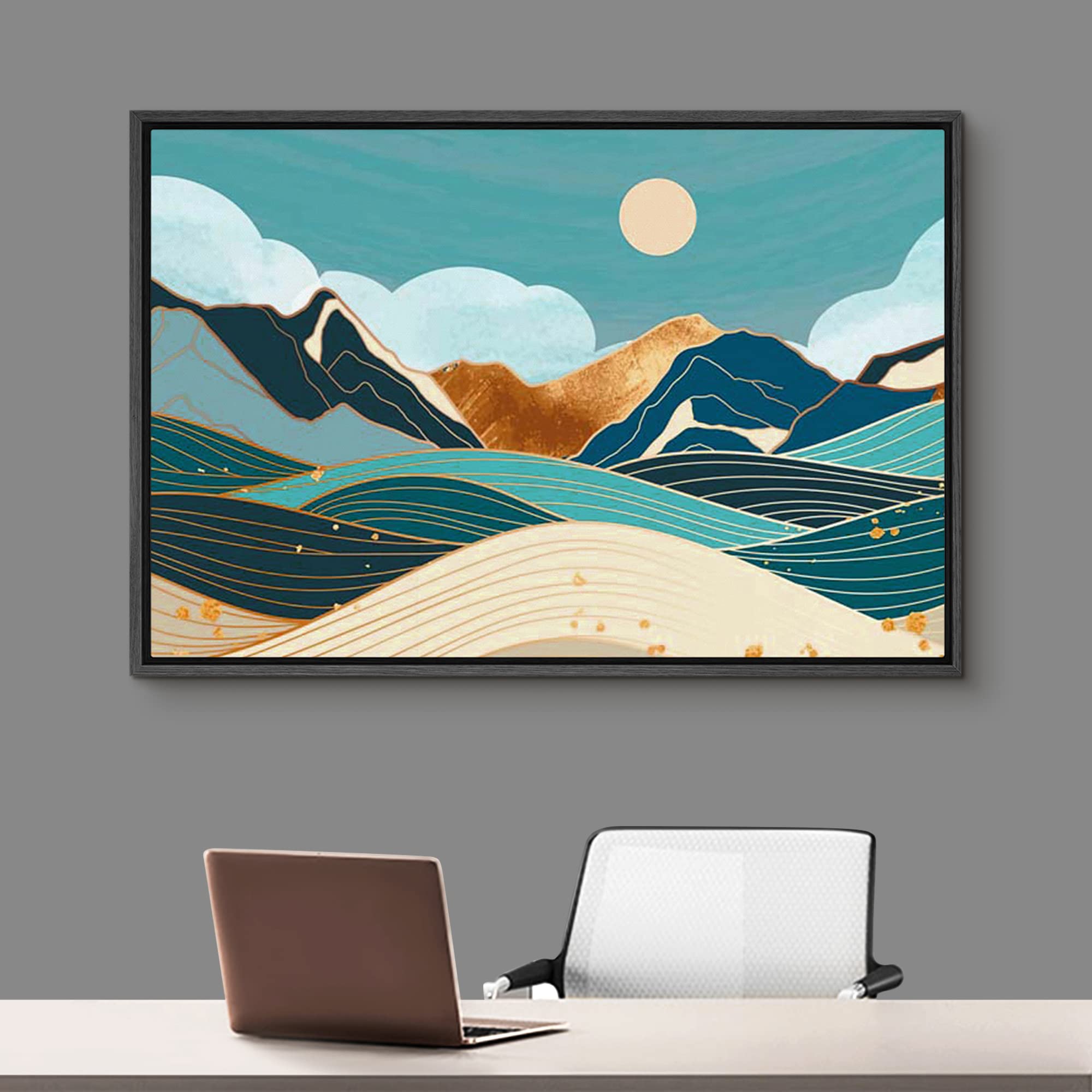 Signford Framed Canvas Print Wall Art Geometric Marble Pastel Mountain Range Sky Nature Wilderness Illustrations Modern Art Zen