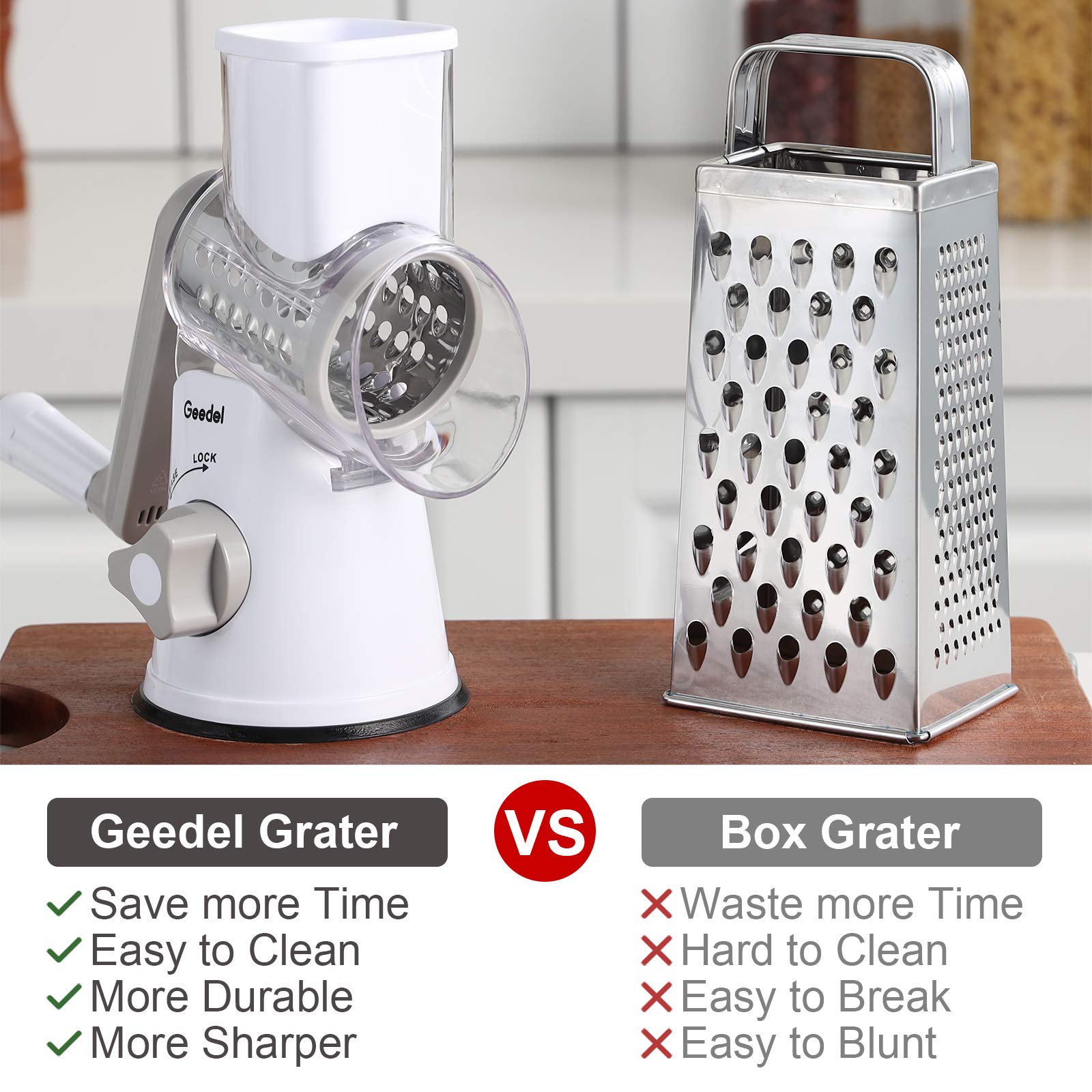 Geedel Rotary Cheese Grater & Vegetable Slicer, 3 Blades, Easy to Clean, White
